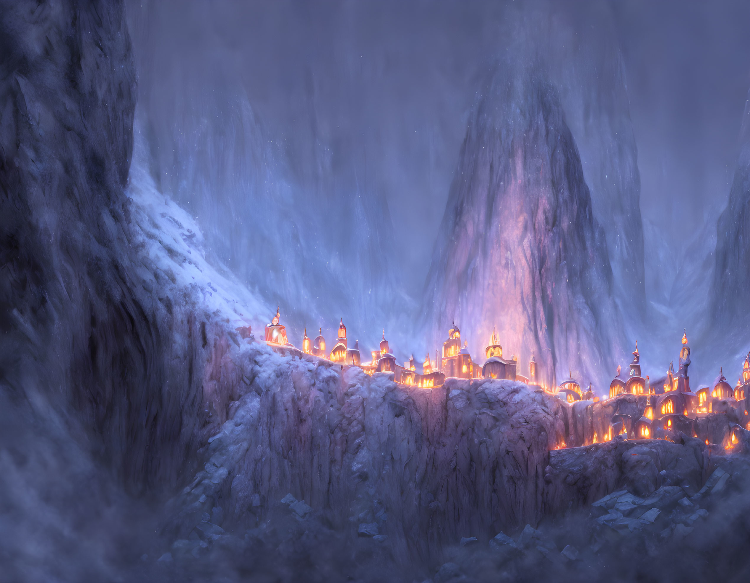 Snowy Village in Icy Cliff Cavern with Lantern Glow