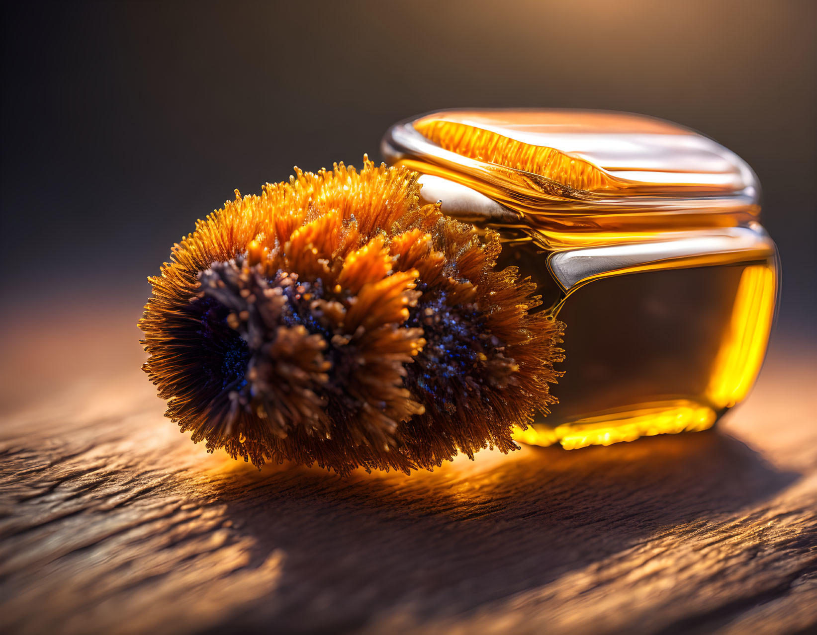 Golden honey in glass jar on wooden surface