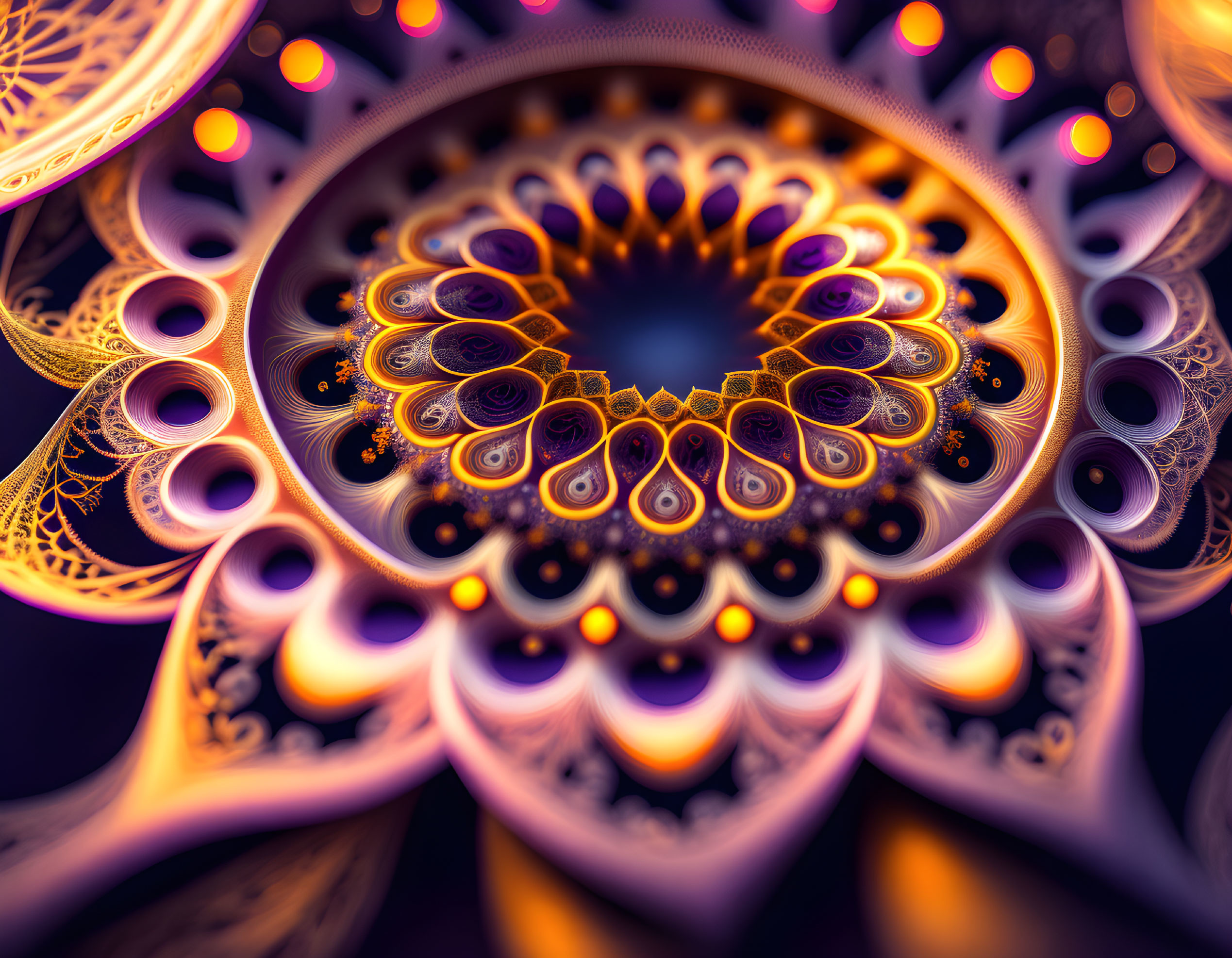 Colorful Abstract Fractal Art: Purple, Orange, and Gold Patterns of a Floral Mandala