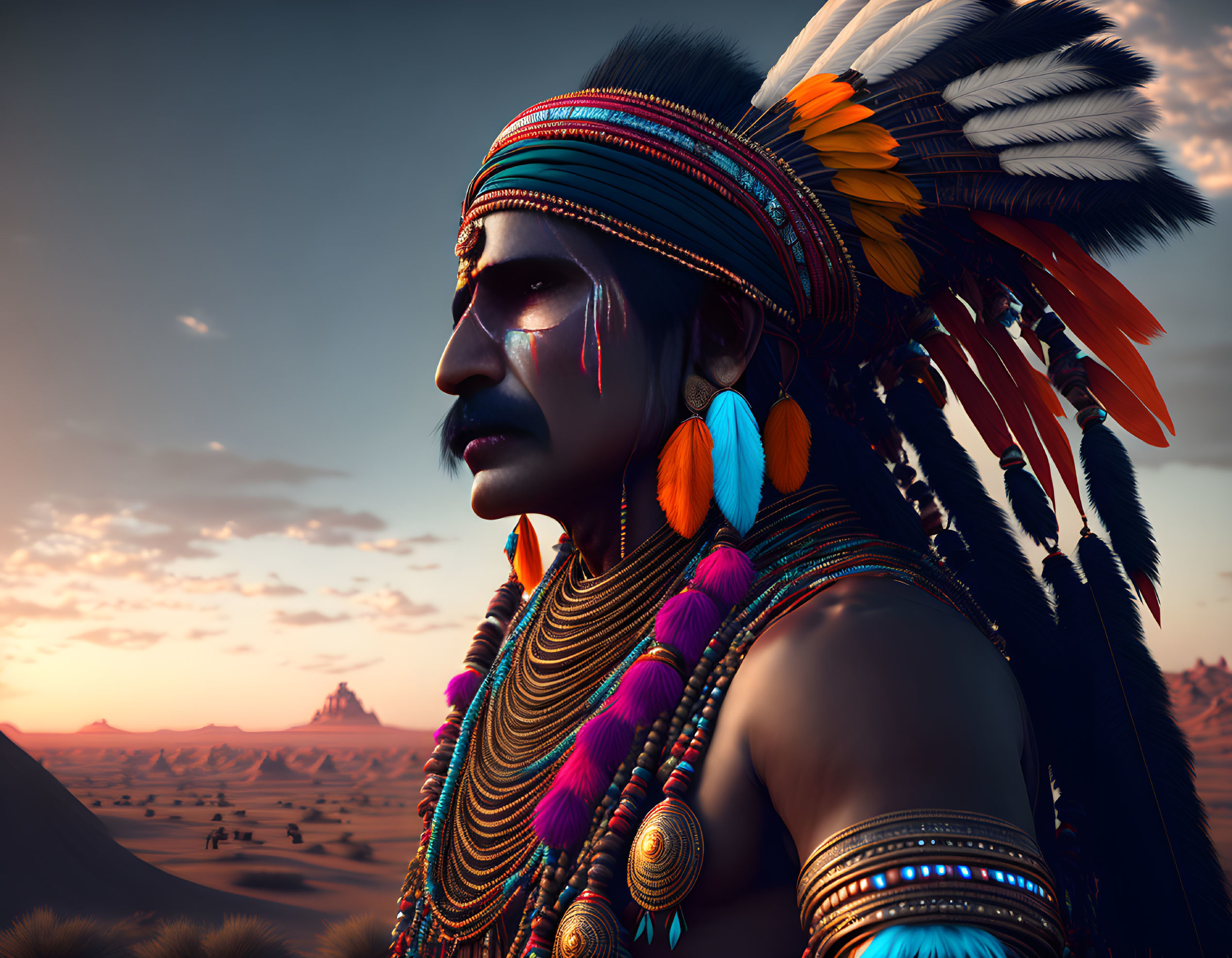 Native American man with feathered headdress gazes at desert sunset