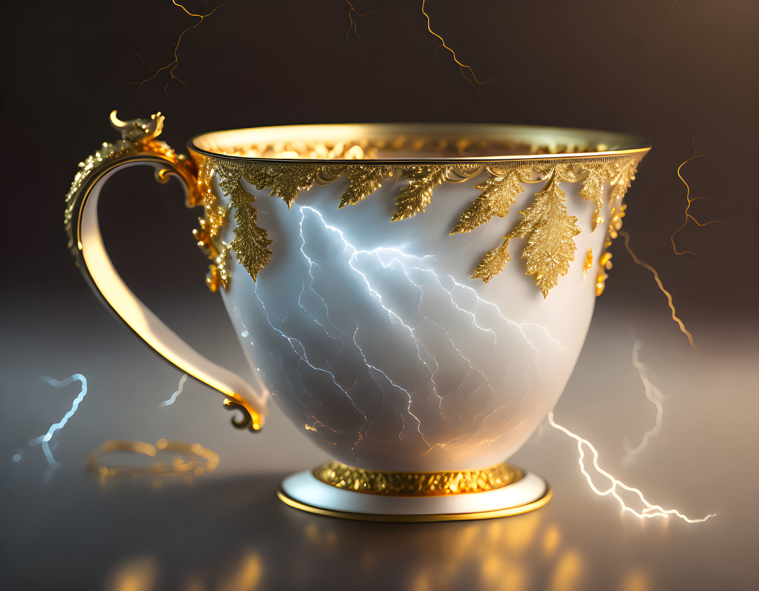 White and Gold Ornate Cup with Intricate Patterns and Glowing Light Streaks