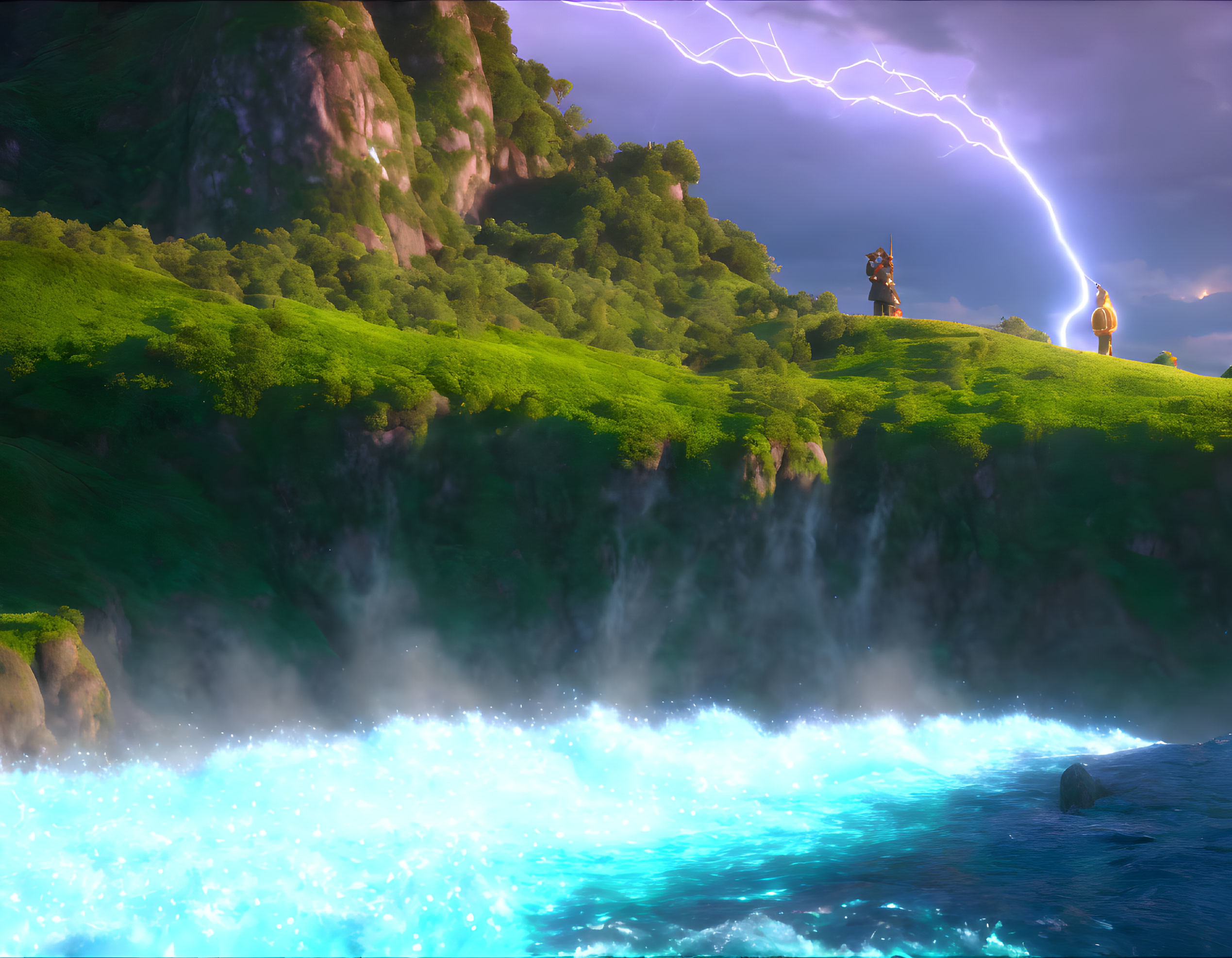 Scenic artwork: blue river, green hills, lightning, characters on cliff