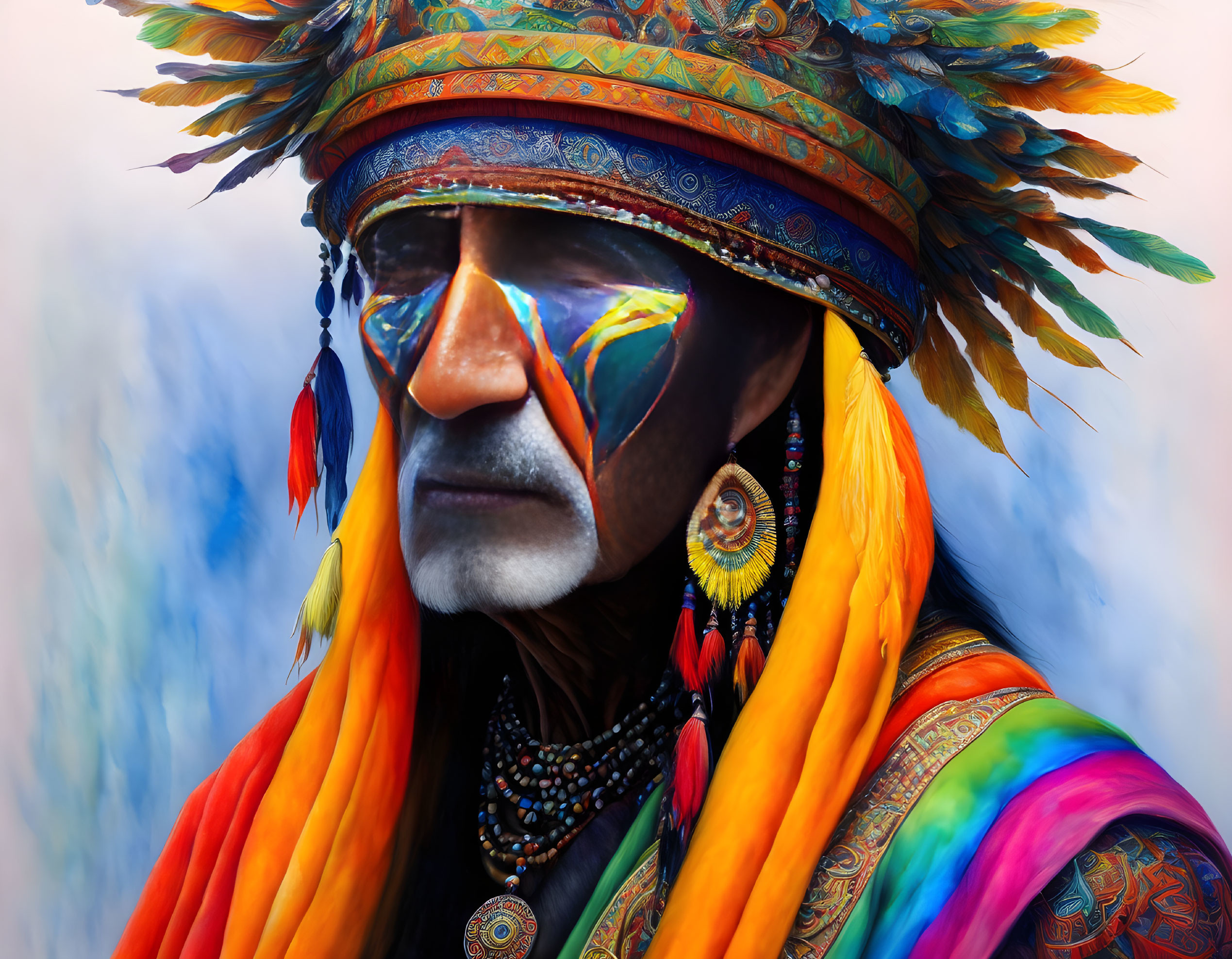 Man with Face Paint and Feathered Headdress in Thoughtful Pose