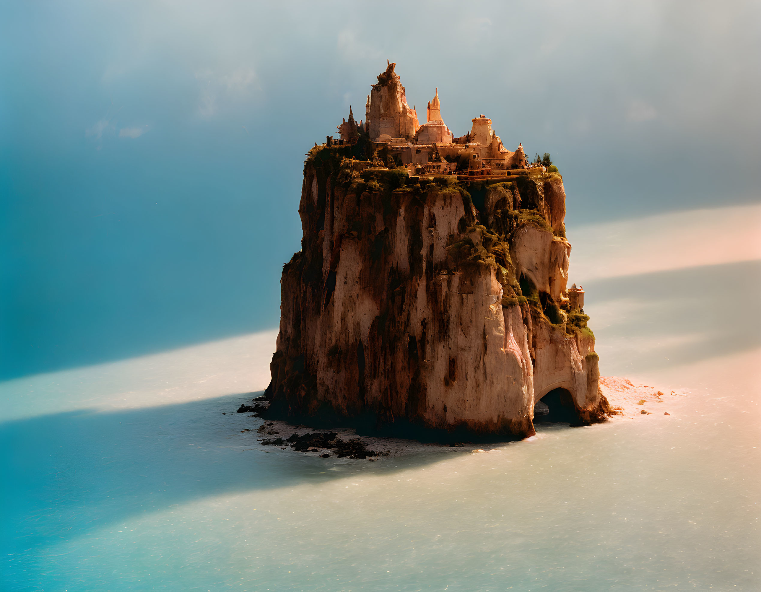 Fantastical island cliff with castle overlooking tranquil sea under hazy sky