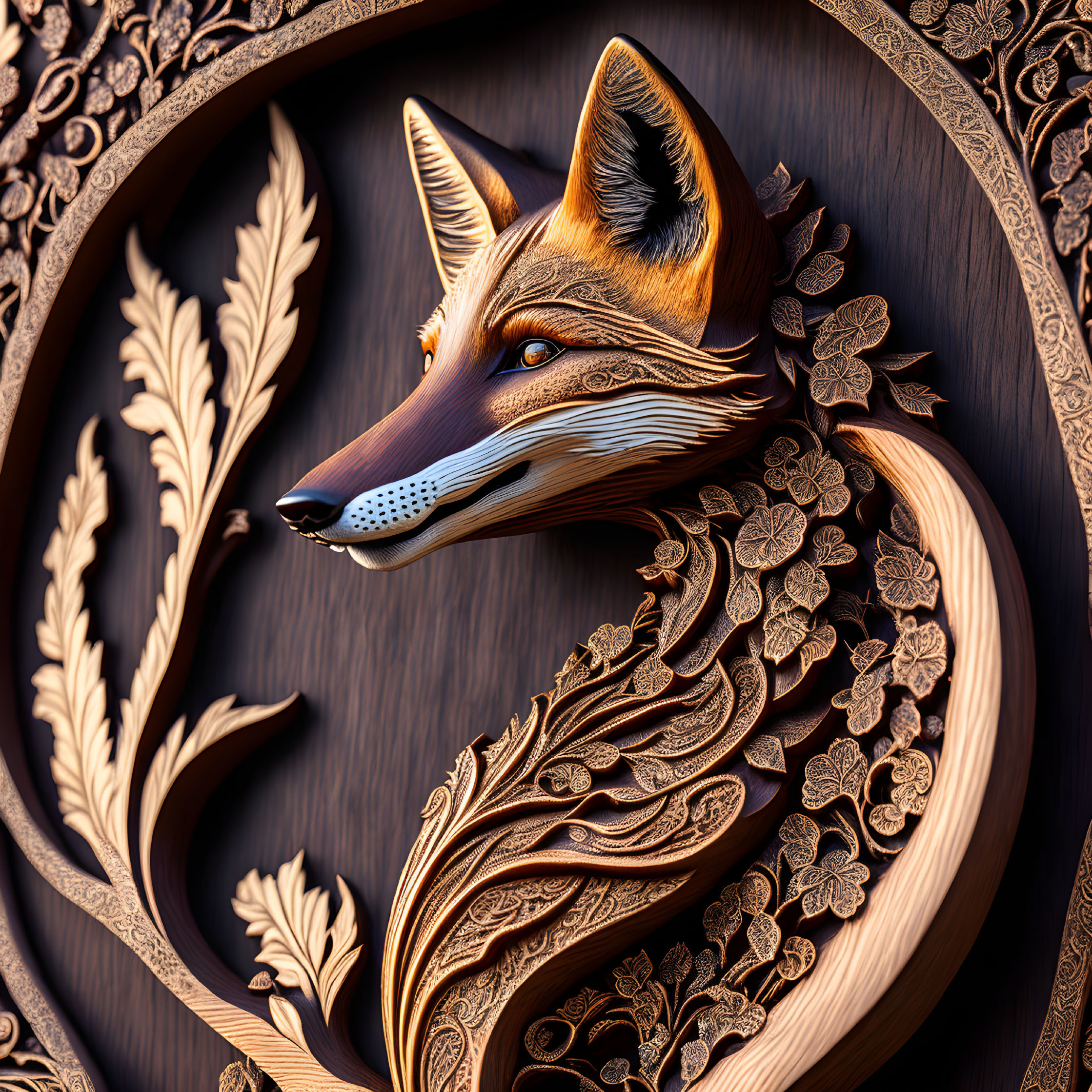 Intricately Carved Wooden Fox Head in Circular Frame with Floral Motifs