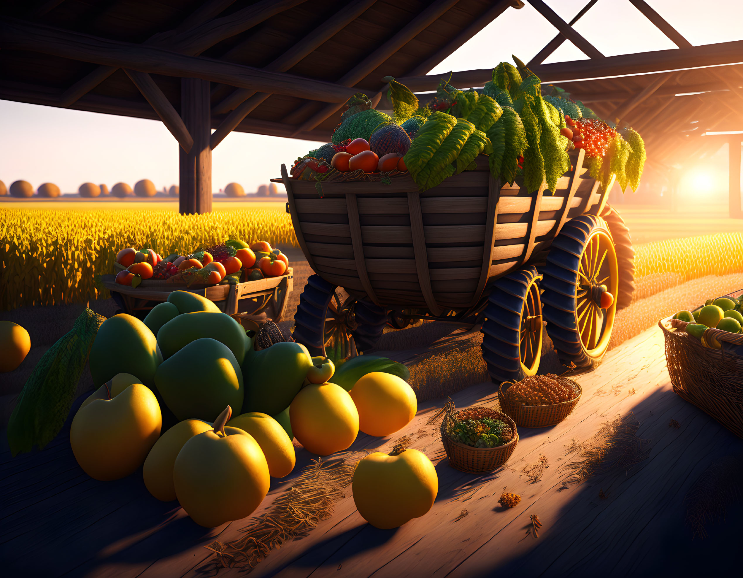 Wooden cart overflowing with fresh vegetables at sunset in field.