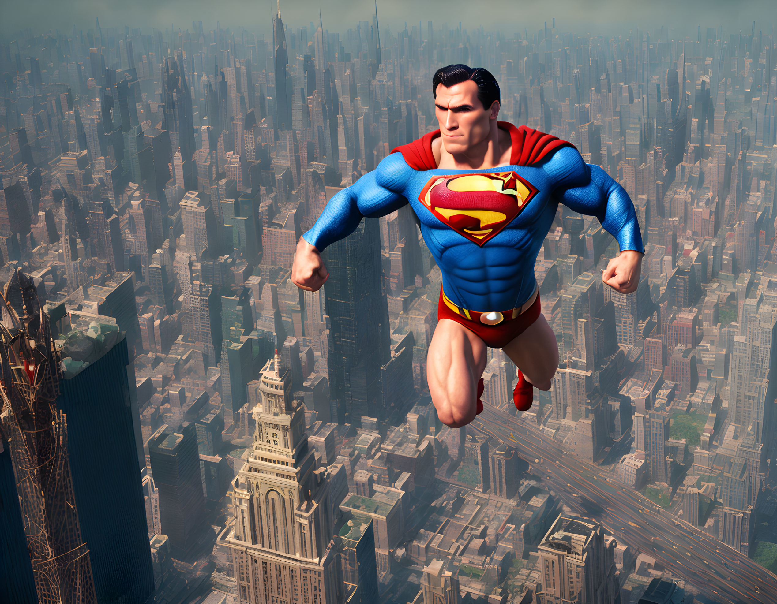 Superman flying over city skyline in classic blue and red costume