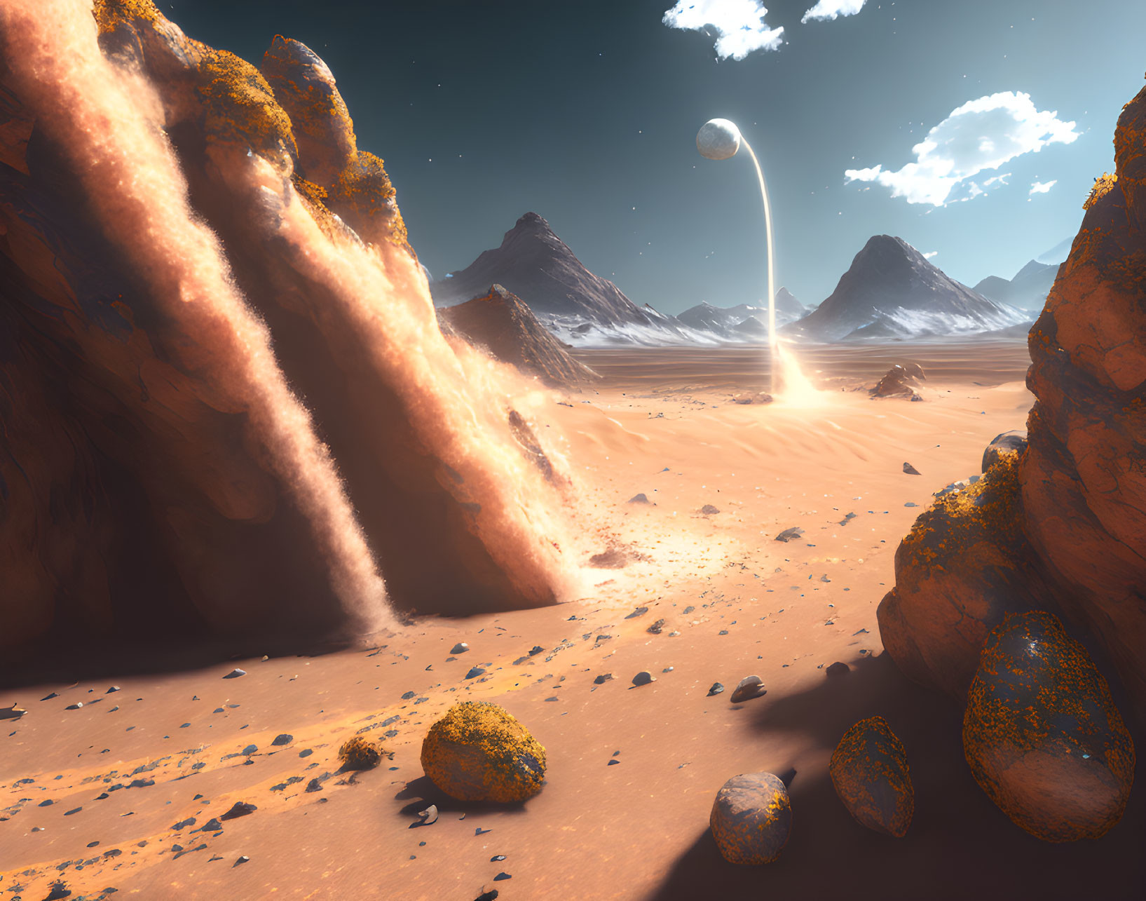 Surreal desert landscape with rocky outcrops and bright object in clear sky