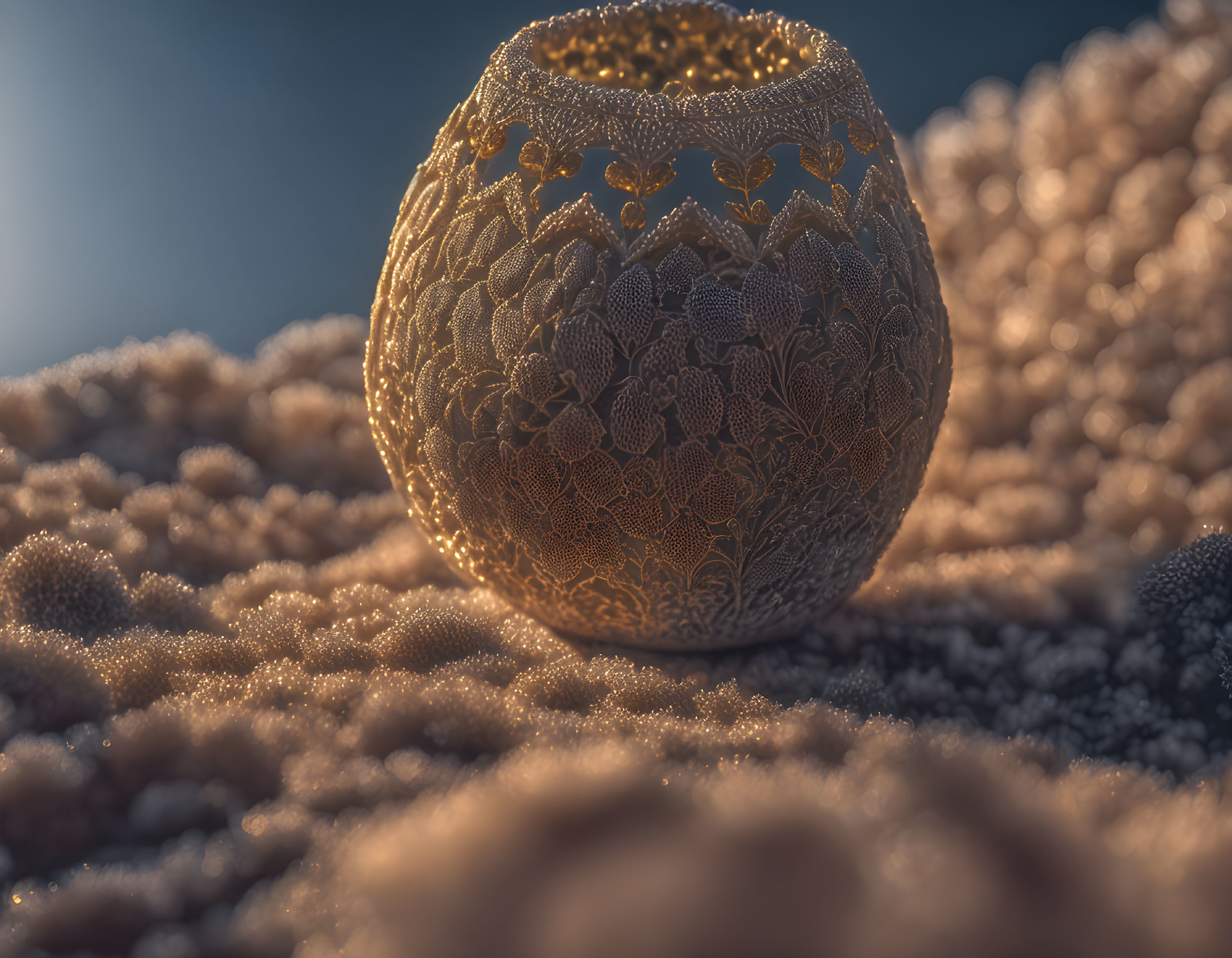 Patterned spherical object on textured surface with soft lighting amplifying delicate details