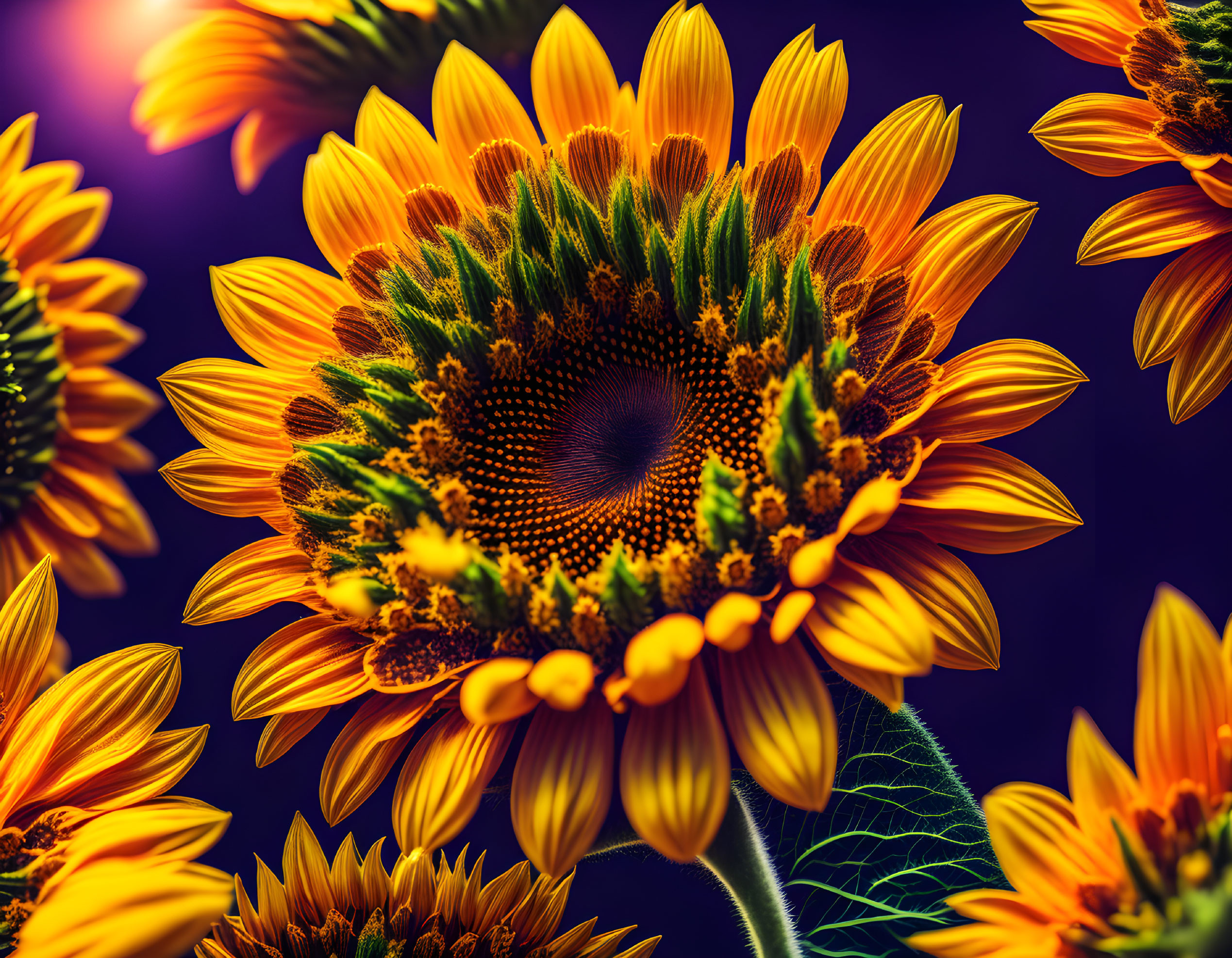 Bright Yellow Sunflowers on Deep Purple Background