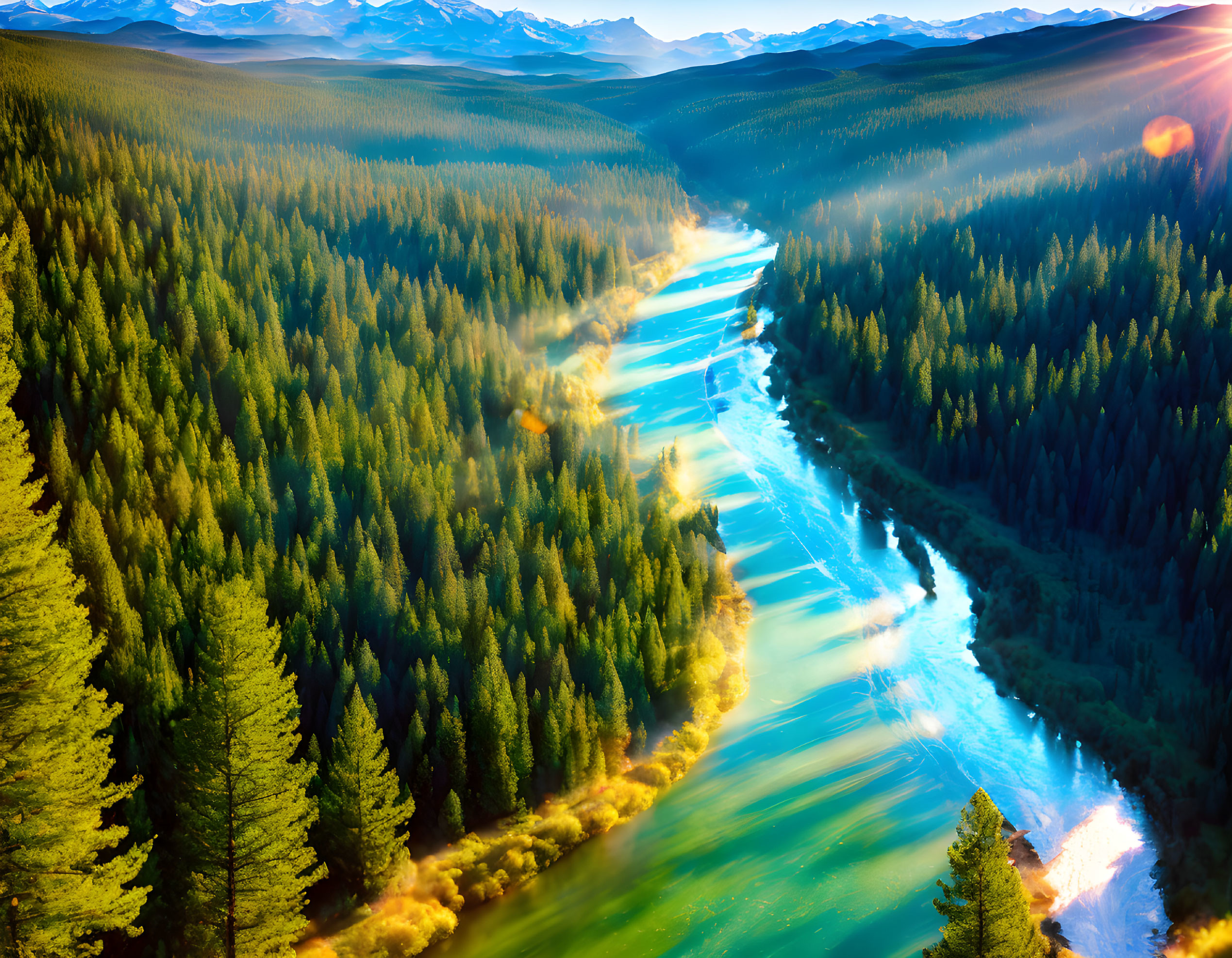 Sunlit river winds through dense forest with mist and mountains in background