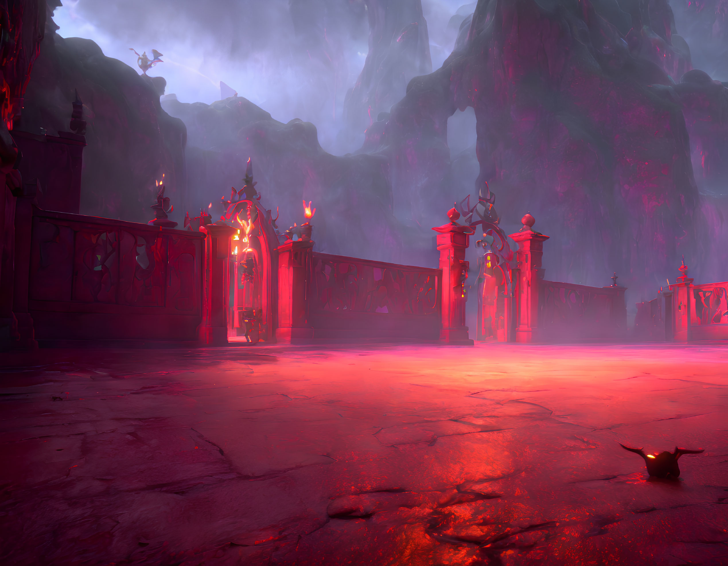 Fantastical landscape with glowing red floor and eerie cliffs