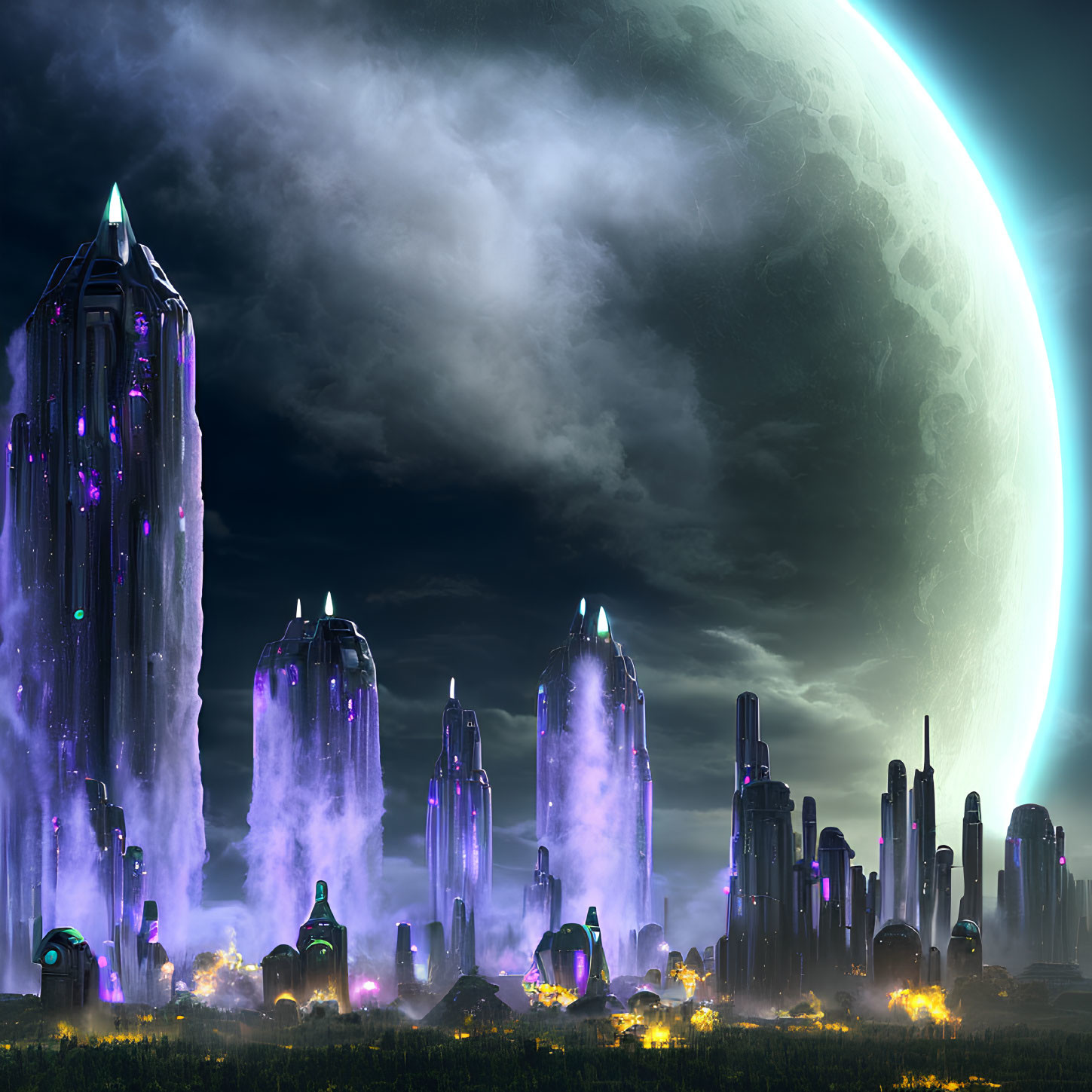 Night cityscape with illuminated skyscrapers, large moon, and misty ambiance