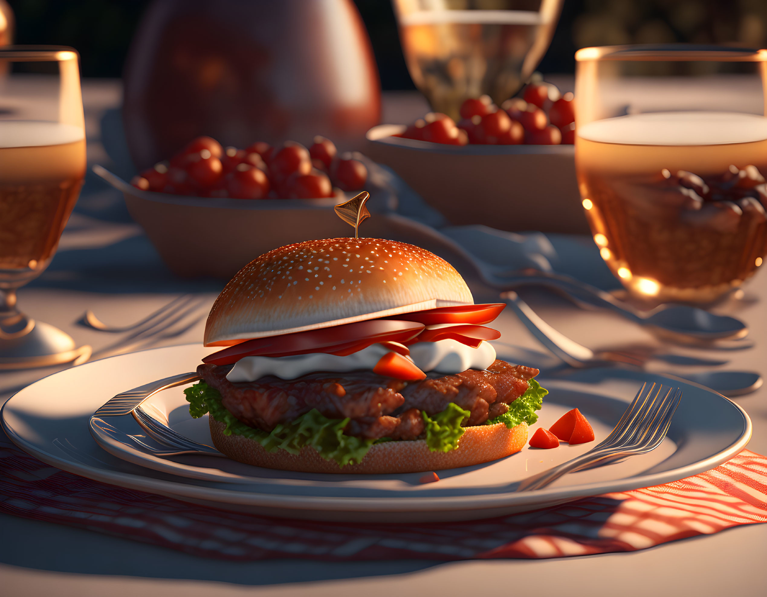 Burger with lettuce, tomato, and sauce on plate outdoors at dusk