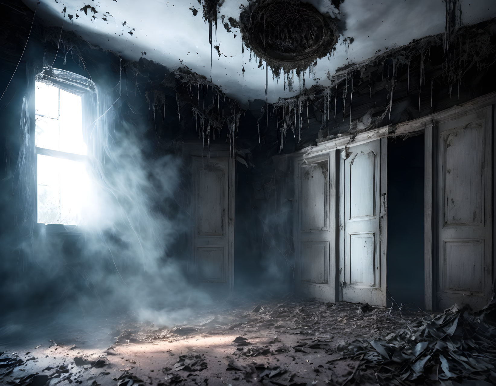 Sunlit dilapidated room with dust, cobwebs, and nest.