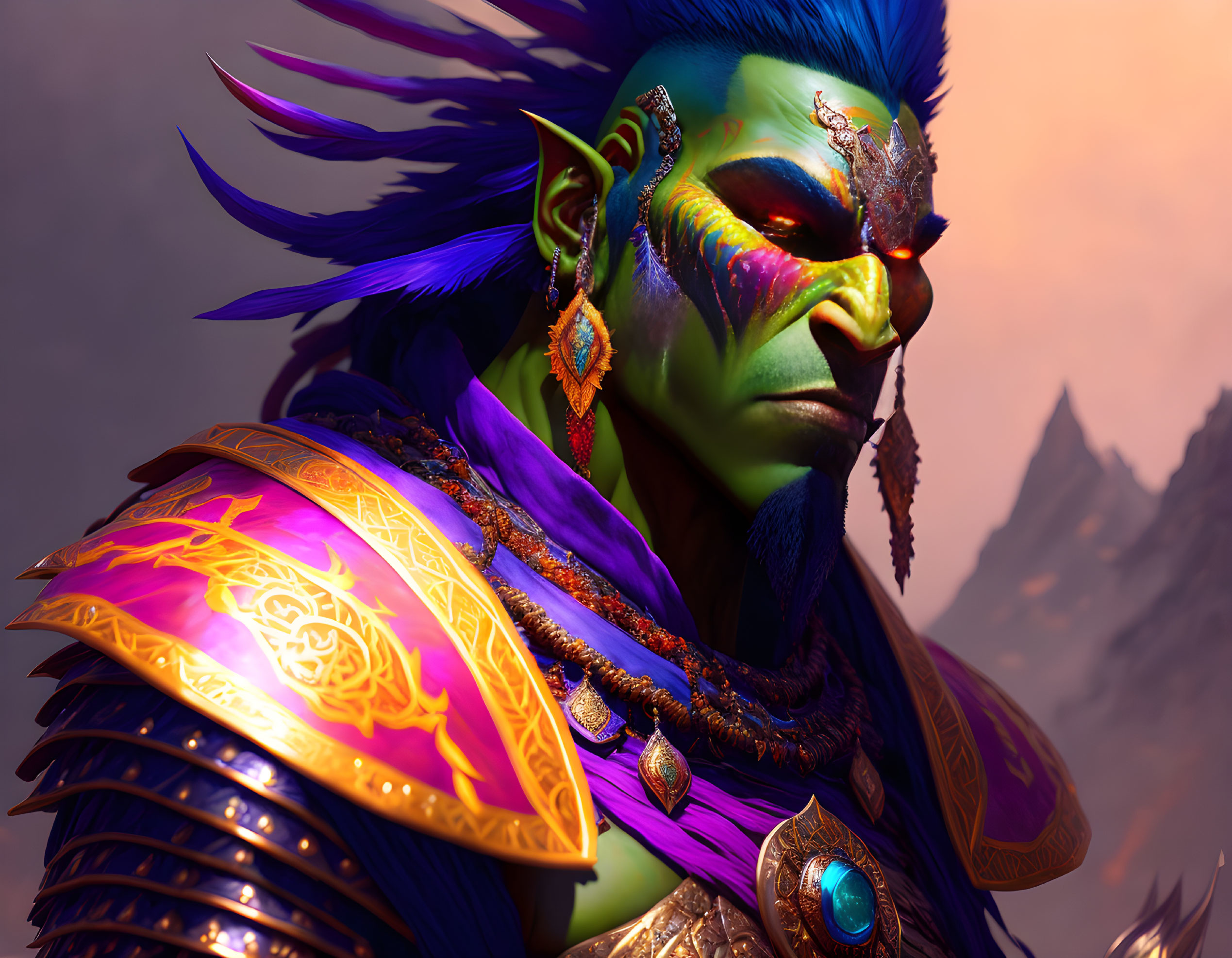 Fantasy character with green skin, violet hair, tribal face paint, golden armor