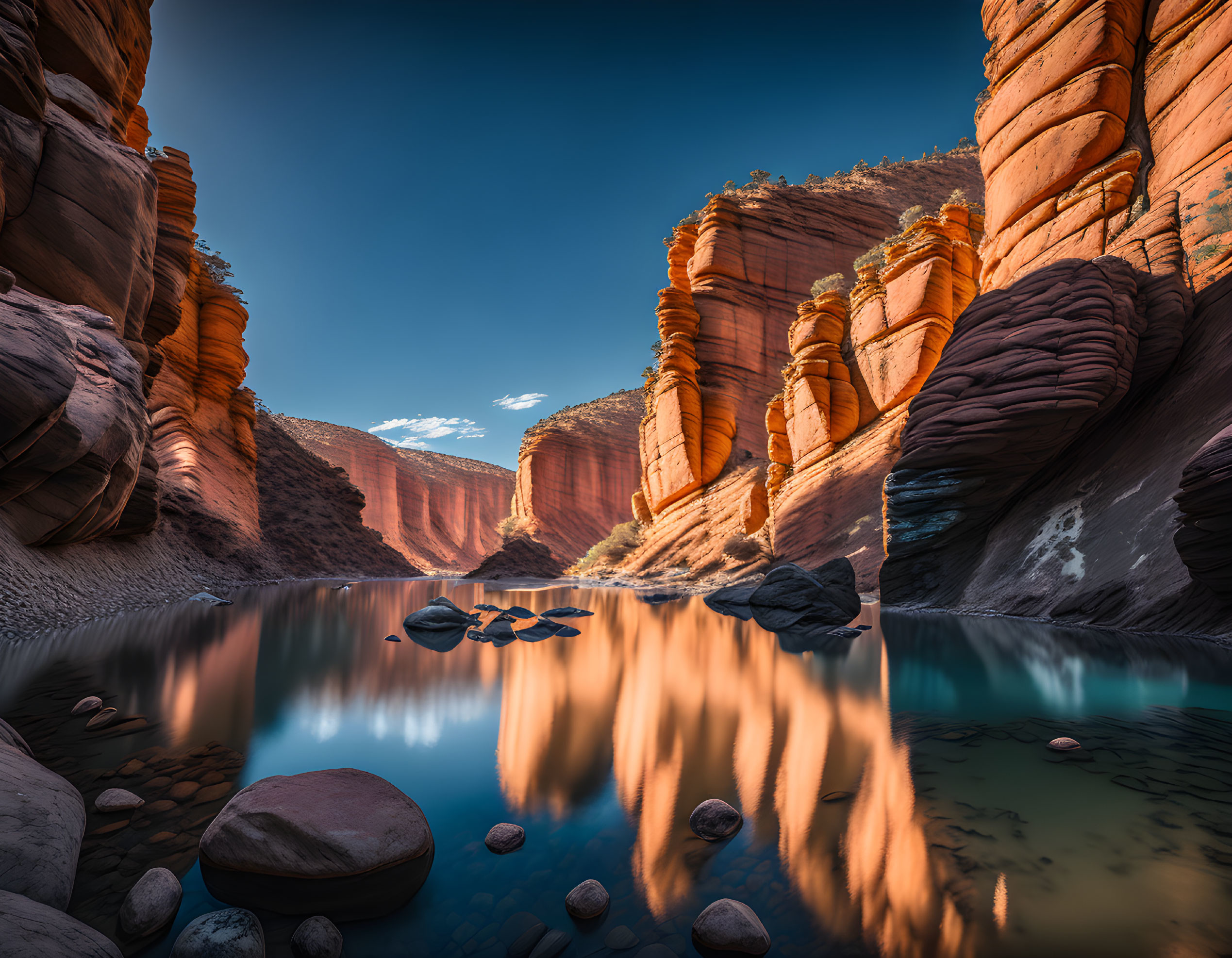 Tranquil canyon with mirrored water and towering rock formations