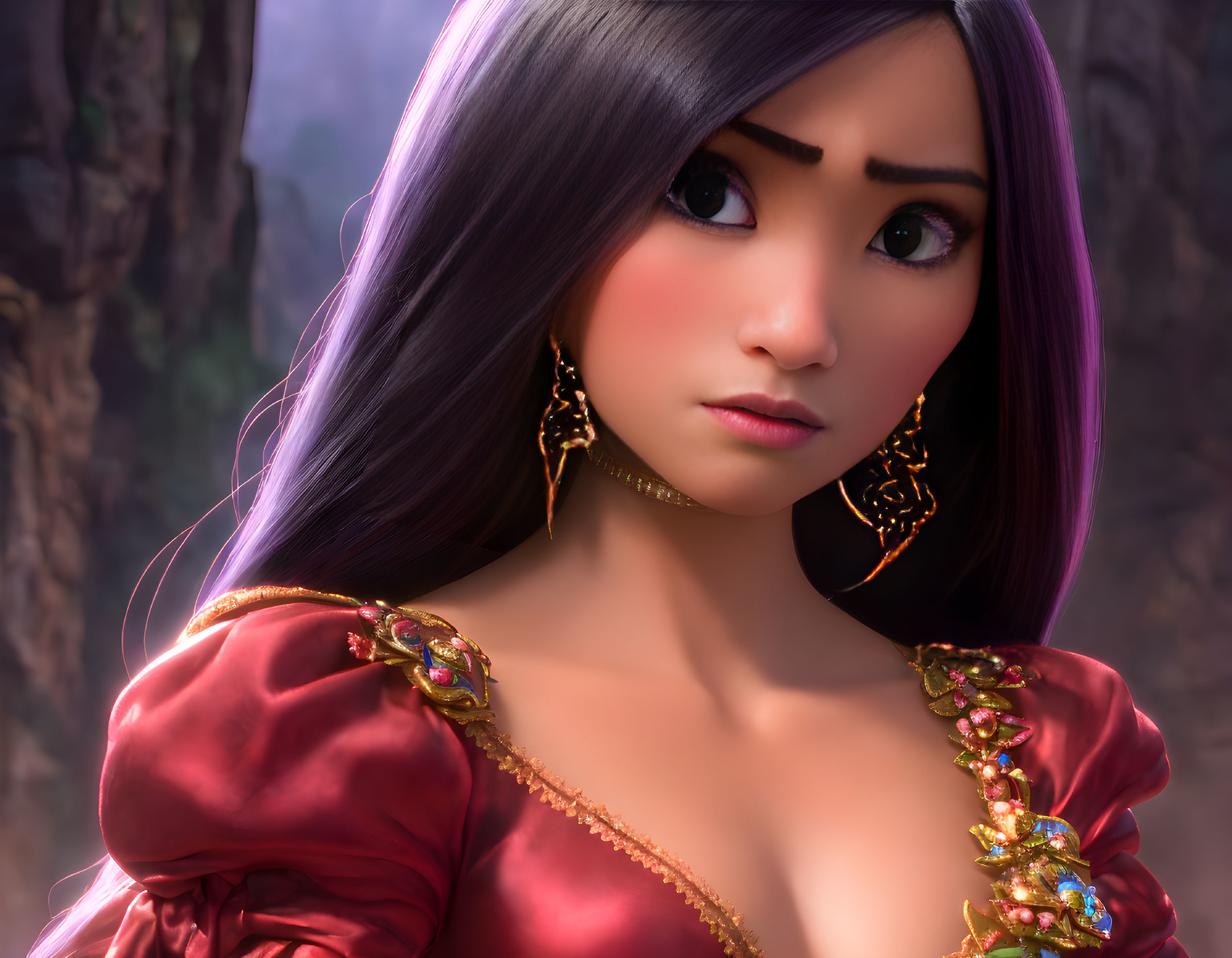 Detailed 3D-rendered female character with purple hair and intricate red outfit in forest setting