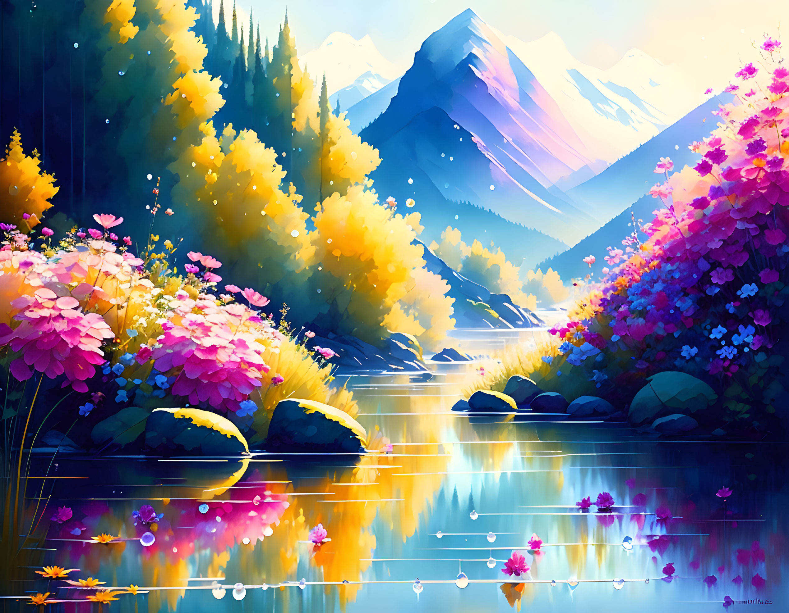 Colorful Mountain Landscape with Serene River and Flora