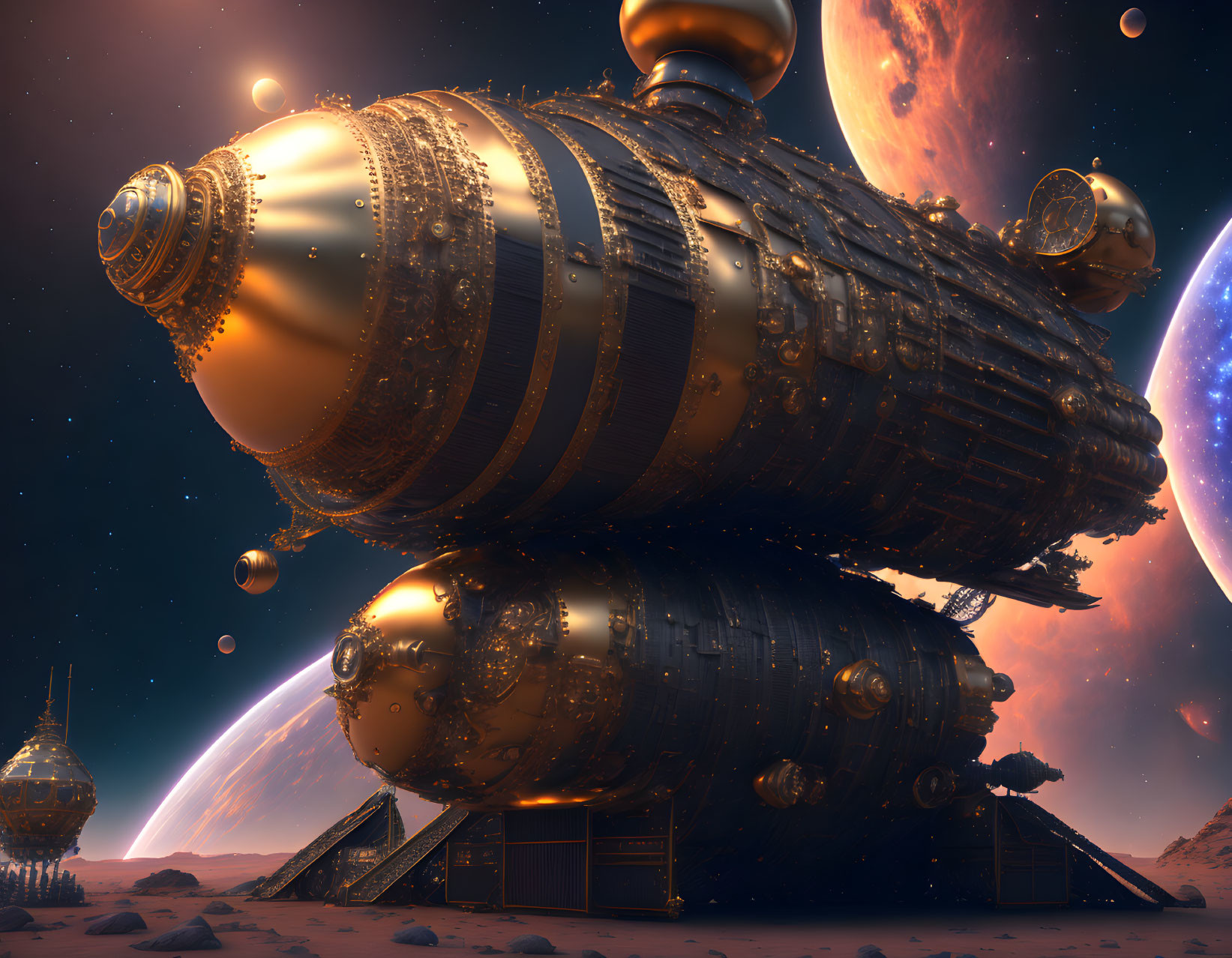 Steampunk spaceship lands on desert alien planet with multiple moons.