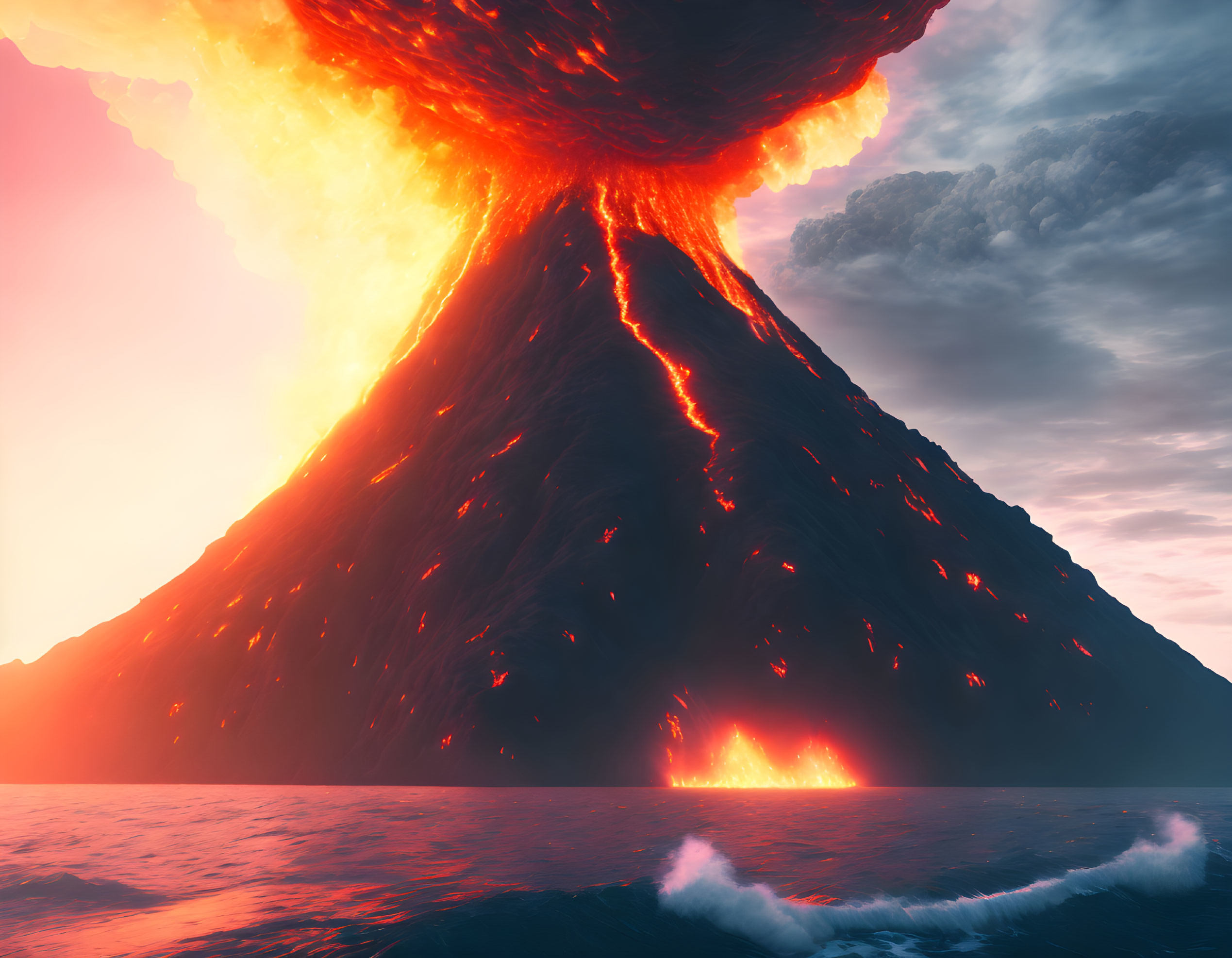 Volcanic eruption at dusk with lava flowing into the sea