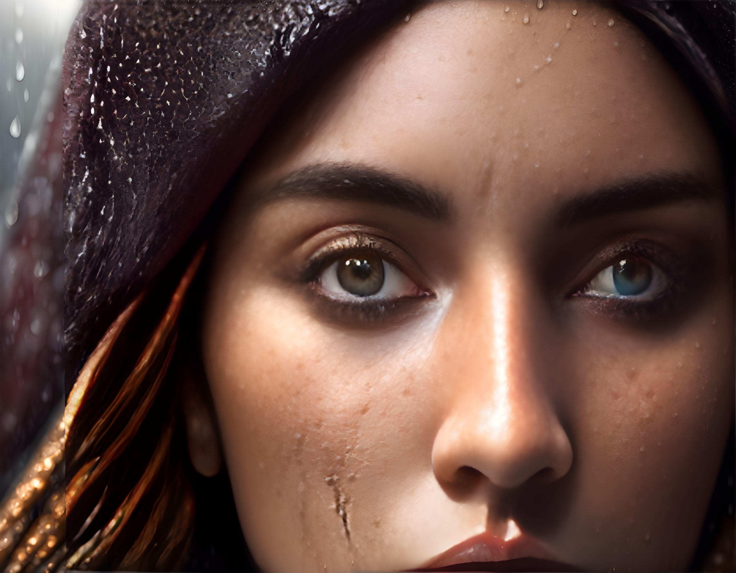 Detailed close-up of woman's face with water droplets, hat, and expressive eyes.