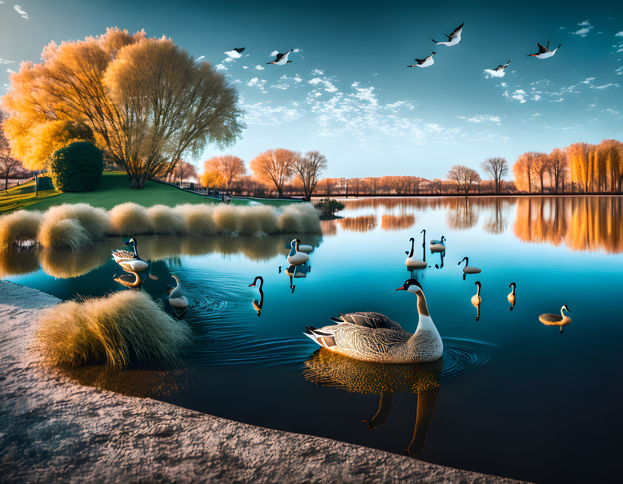 Swans on tranquil lake with trees and birds under blue sky