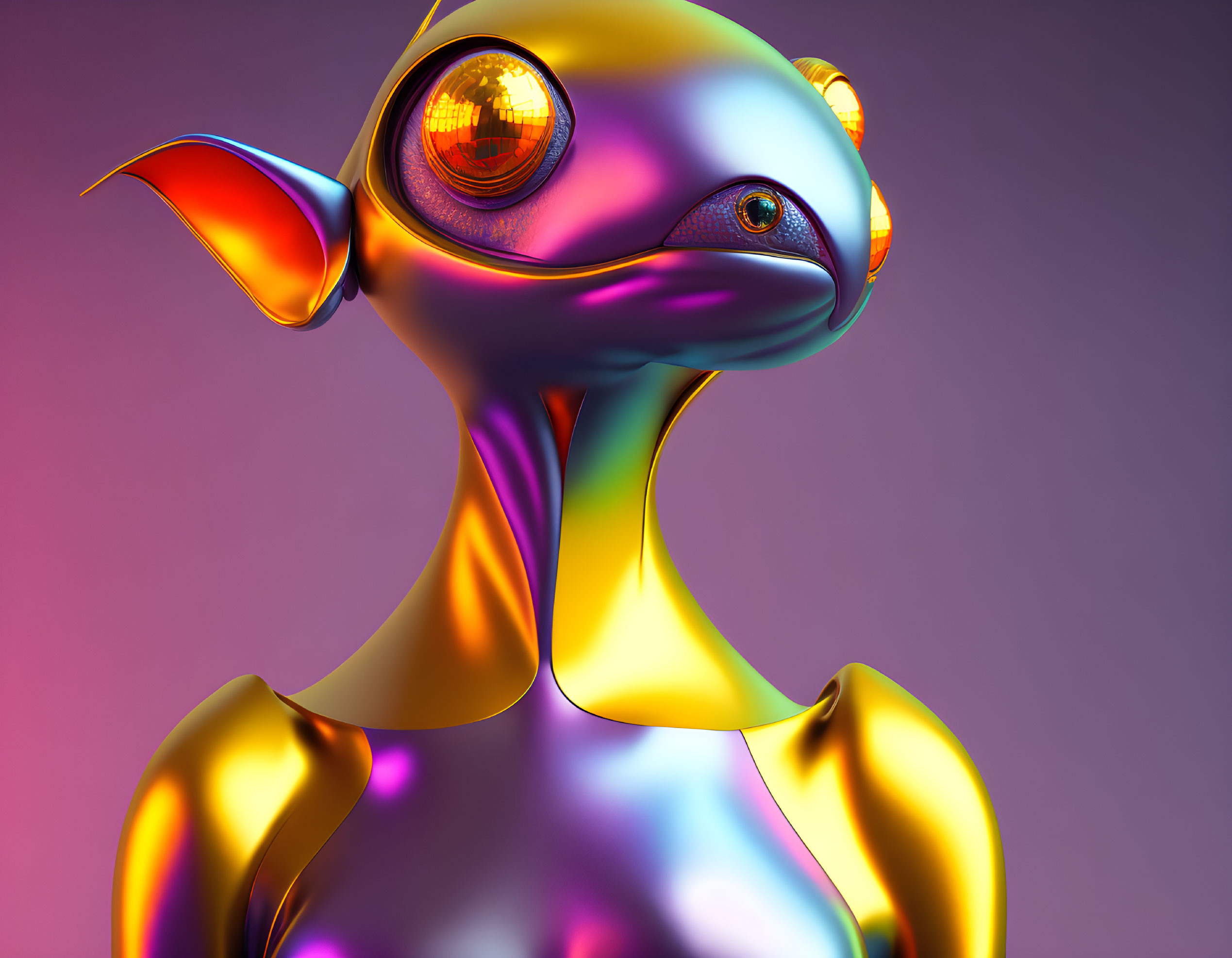 Colorful 3D rendering of imaginative creature with orange eyes and metallic surface