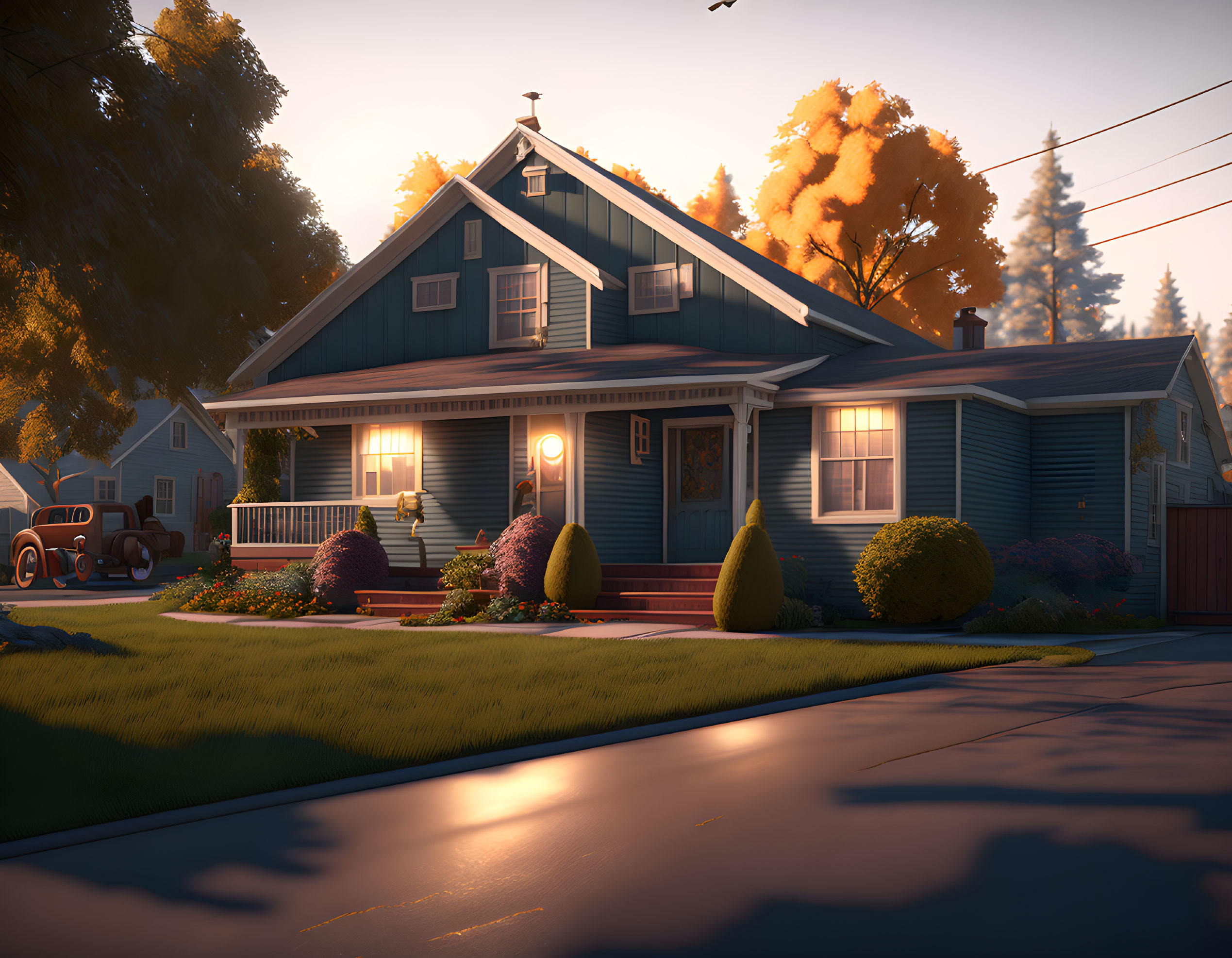 Blue house with front porch, manicured bushes, sunset glow, vintage car on street