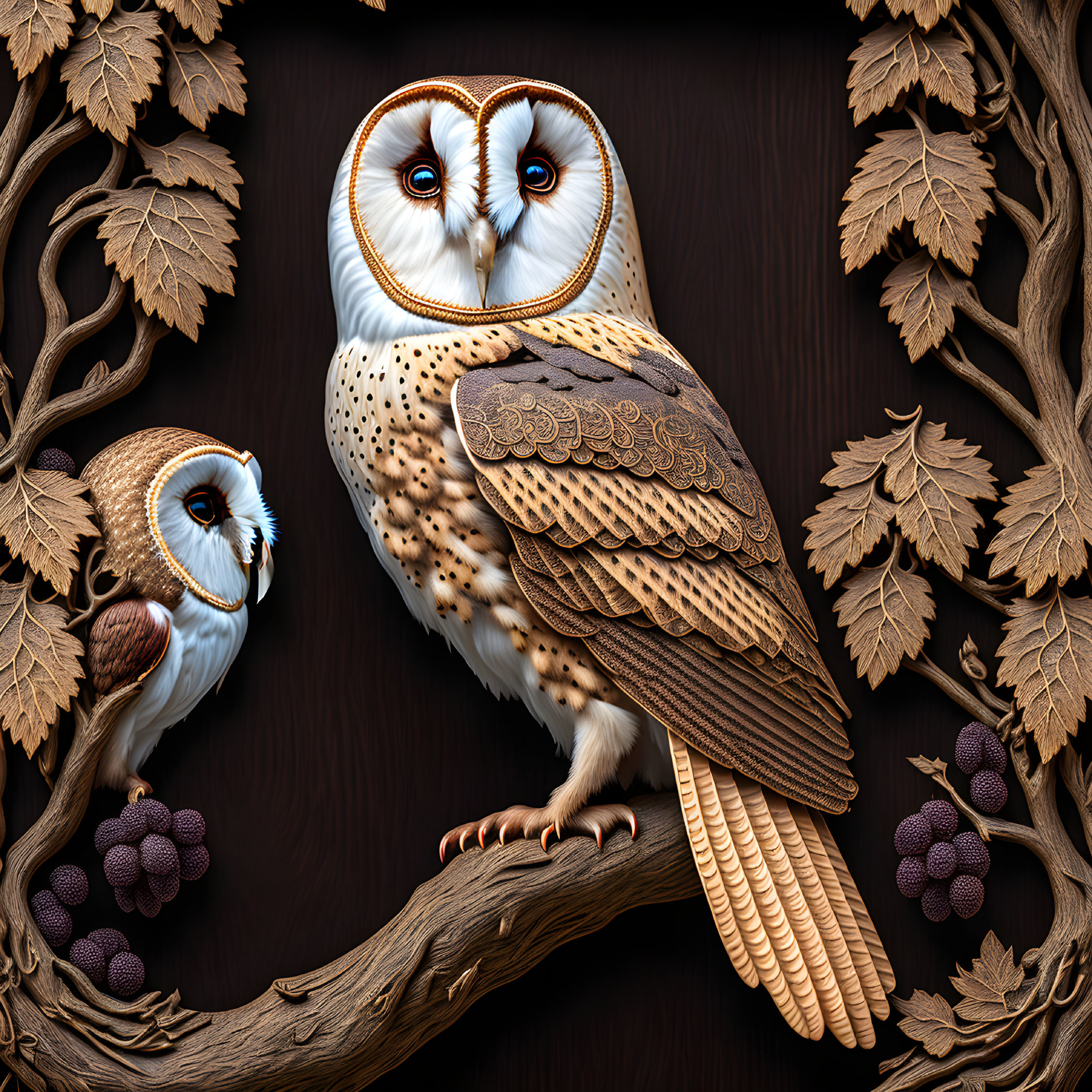 Realistic barn owls on branch with wooden leaf relief