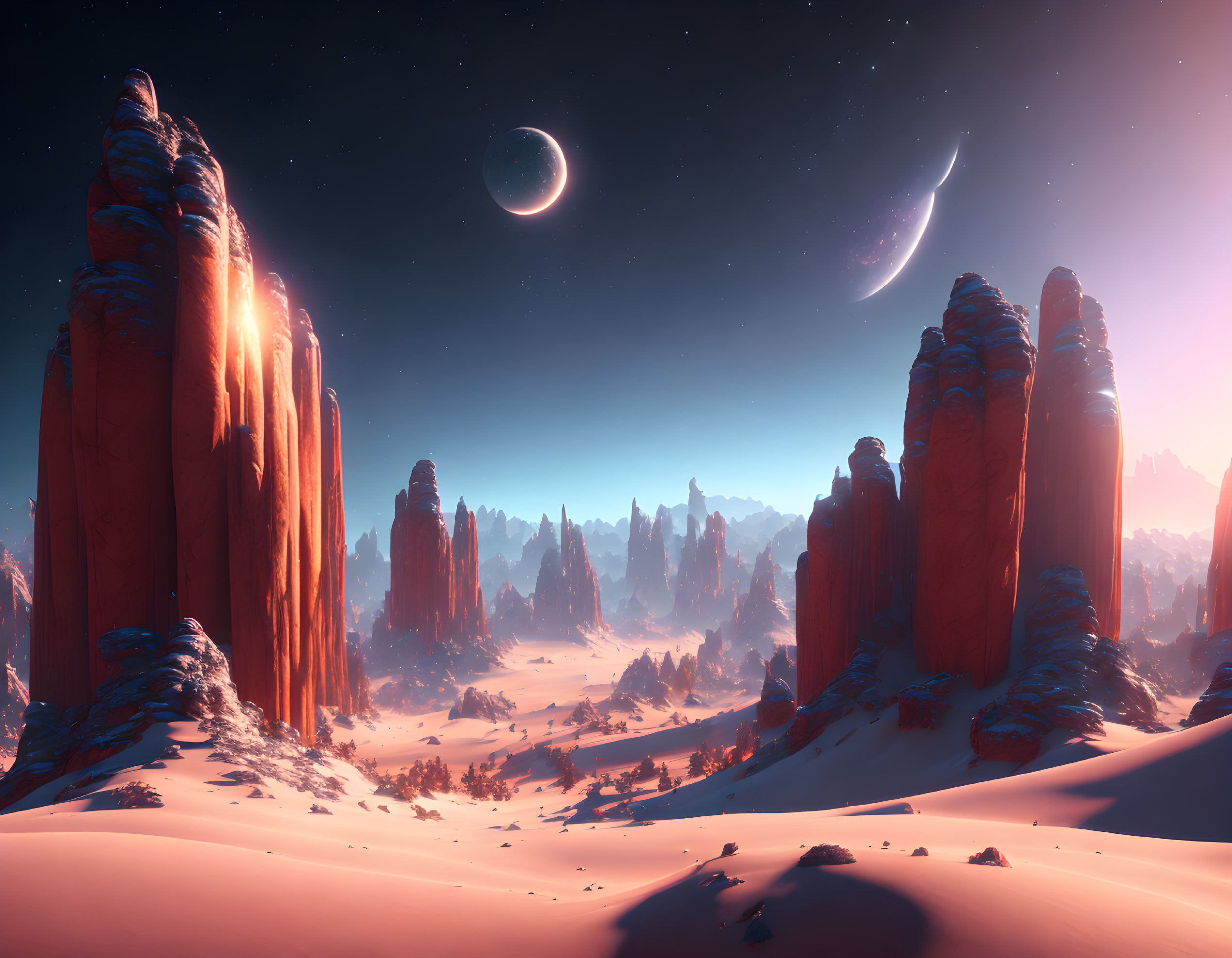 Alien landscape with red rocks, pink sky, two moons in desert