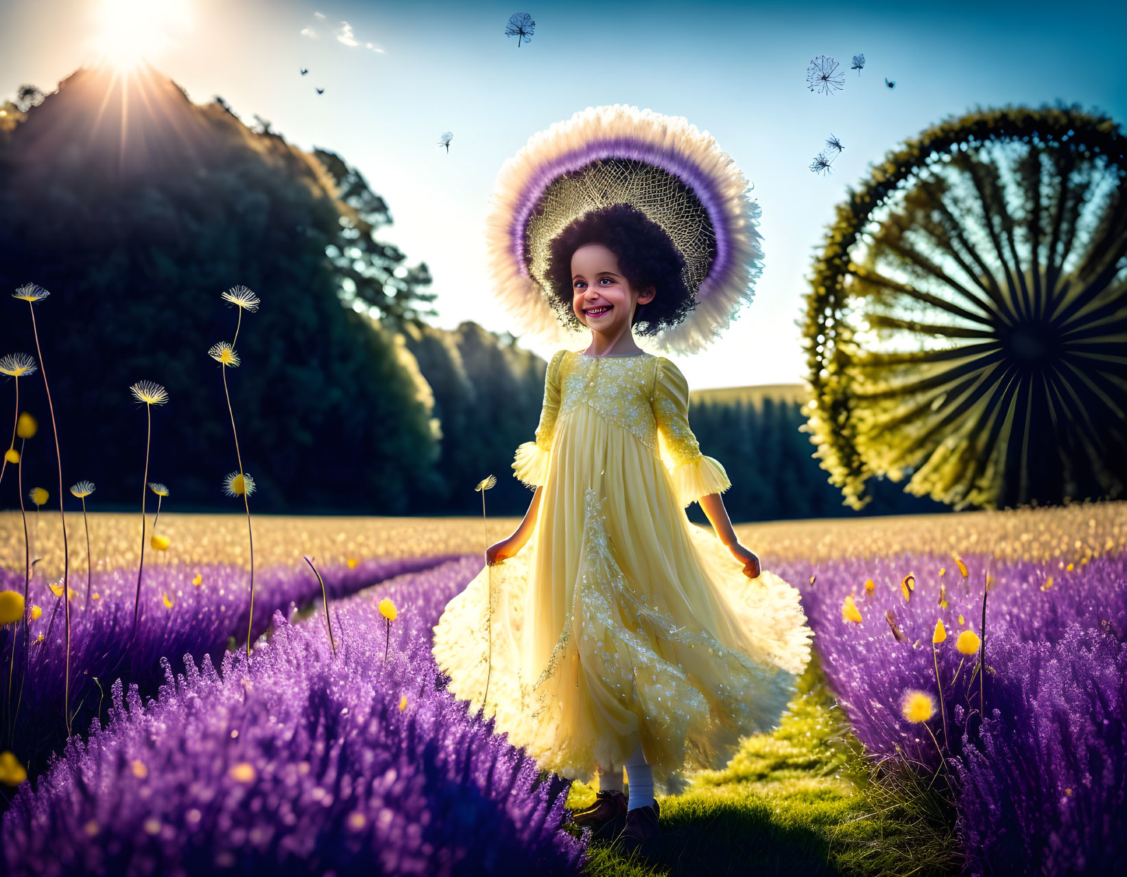 Child in Yellow Dress Running Through Lavender Field on Sunny Day