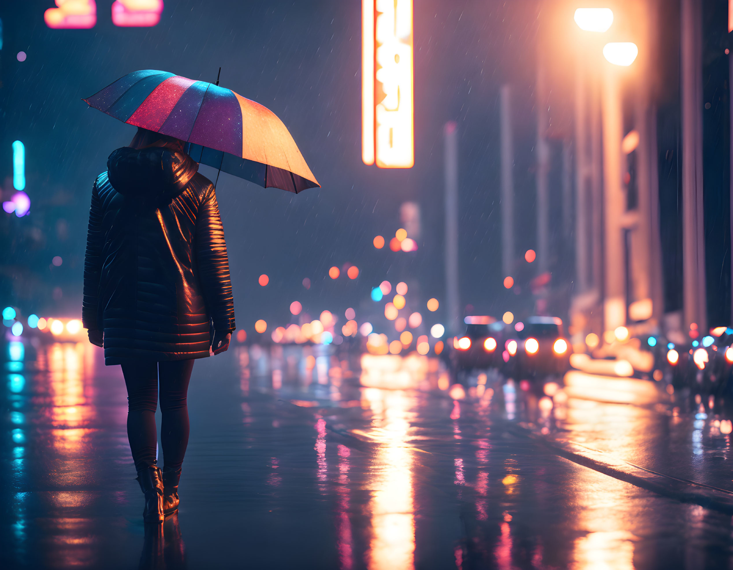 Pedestrian with umbrella on wet city street at night under neon lights