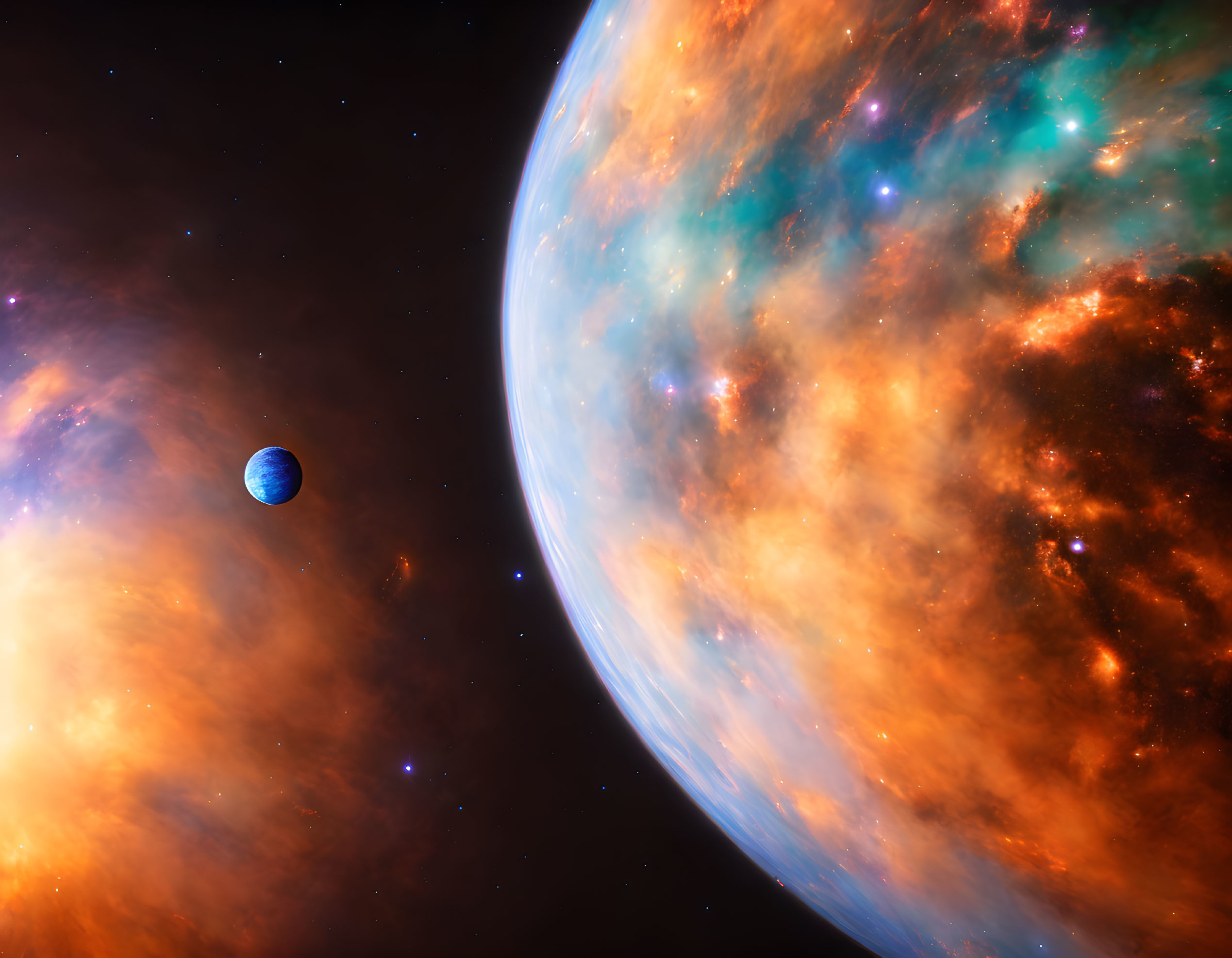 Colorful Space Scene with Planet, Moon, and Nebulae