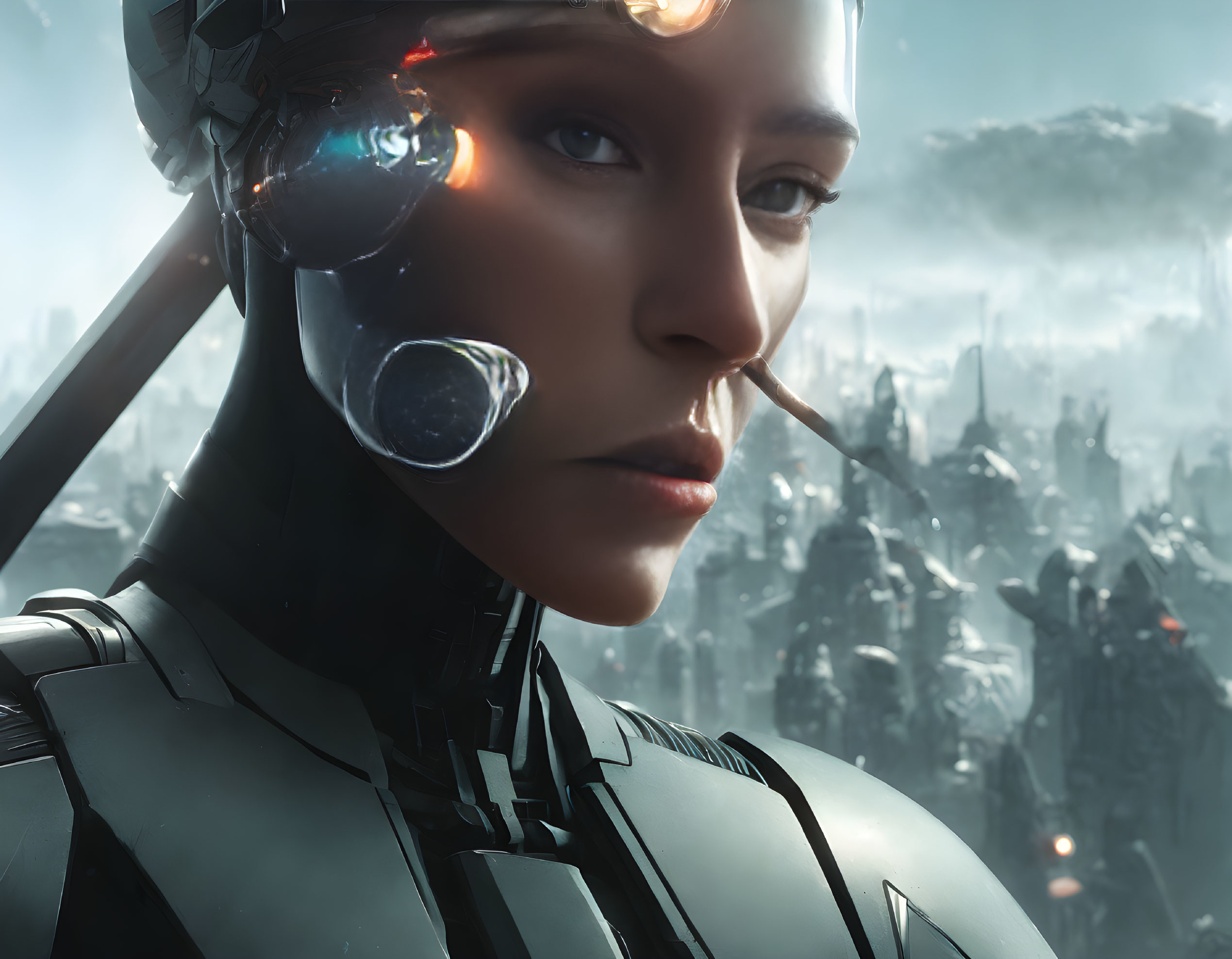 Female cyborg with glowing orange eye implants against futuristic cityscape.