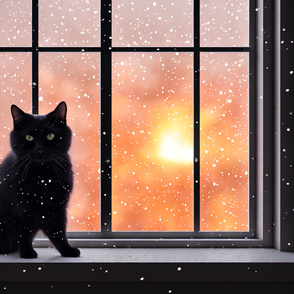 Black cat by window with grid pattern, snowflakes, and orange sky.