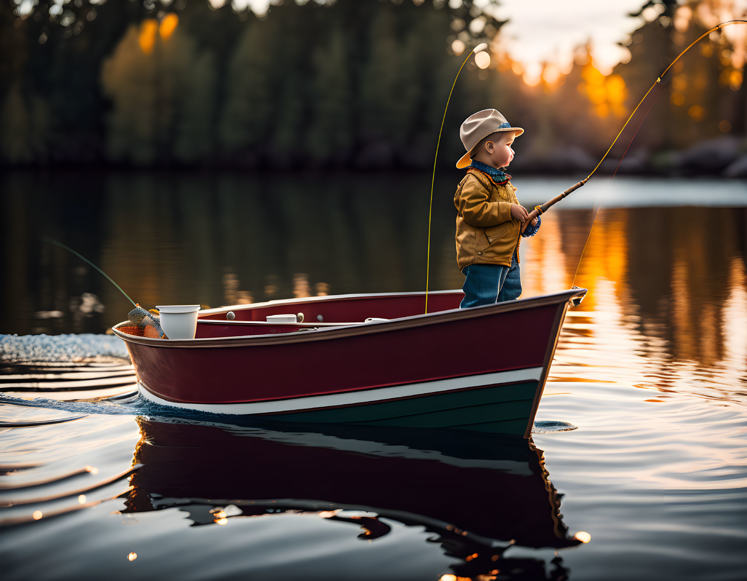 Child in Cowboy Hat Fishing from Red Boat on Tranquil Waters at Sunset