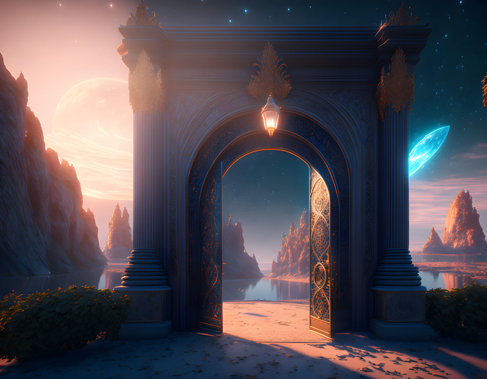 Serene landscape with ornate archway, rocky formations, calm waters, and celestial bodies at twilight