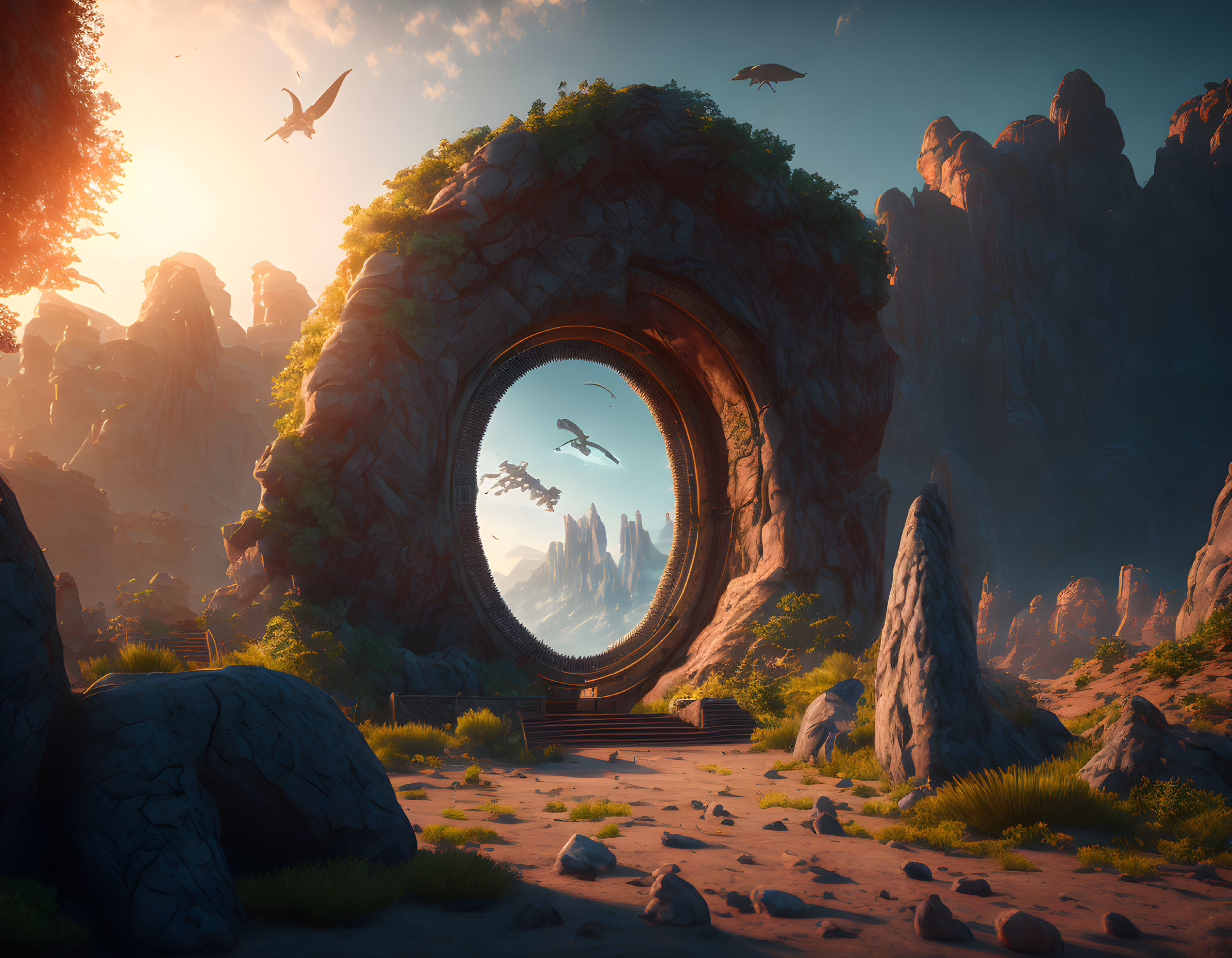 Tranquil fantasy landscape with circular stone gateway and sunlit valley