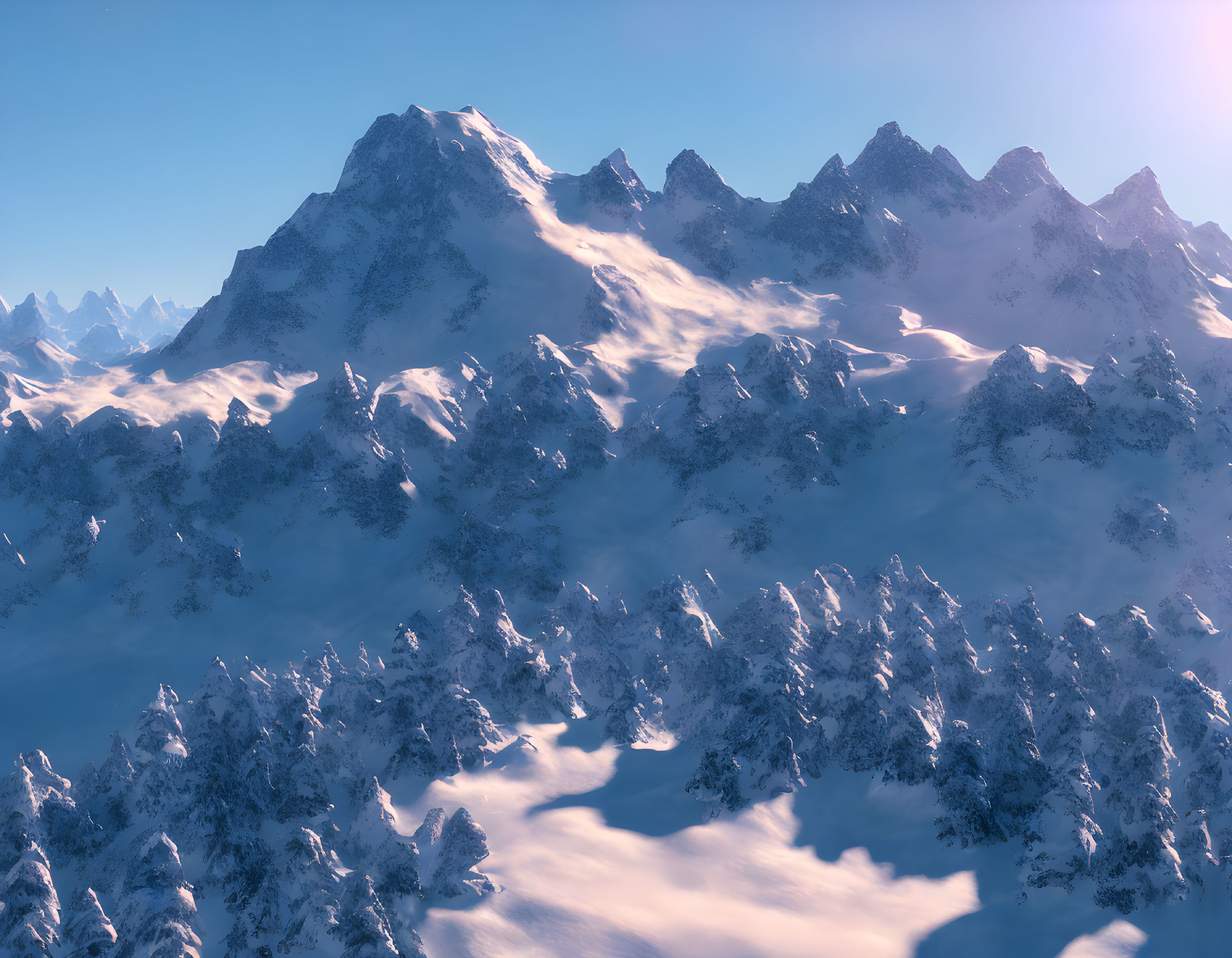 Majestic snow-covered mountain range with evergreen trees under soft sunlight