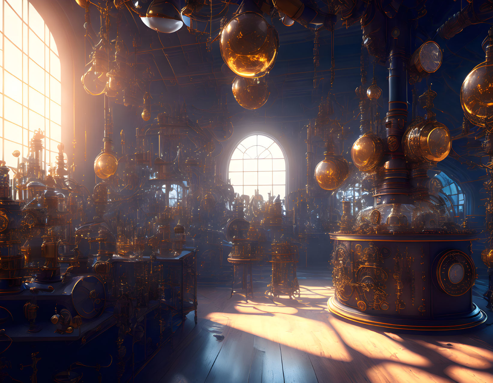 Ornate antique brass machinery and spherical objects in sunlit room