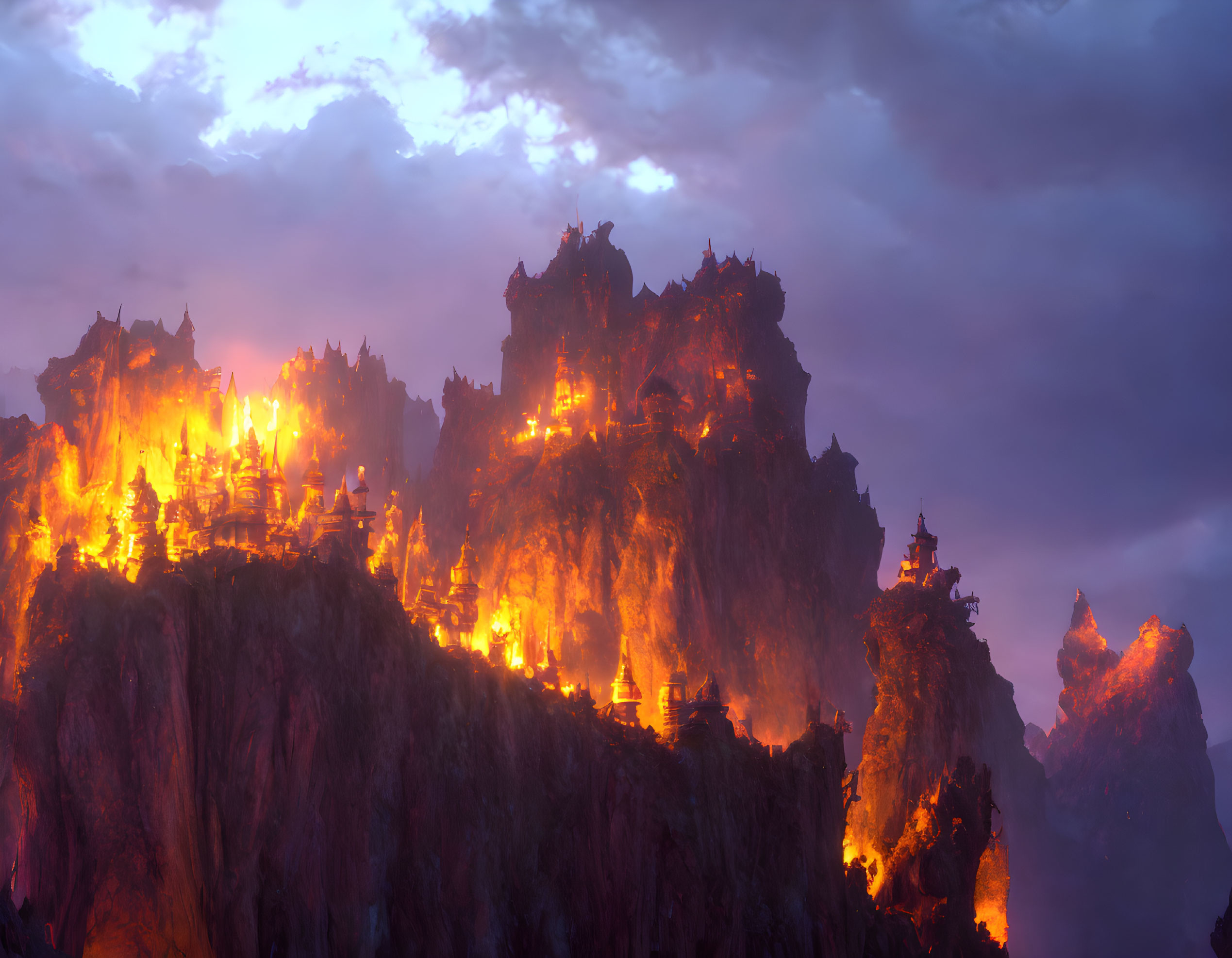 Mountain landscape ablaze with fire and lava near castle structures