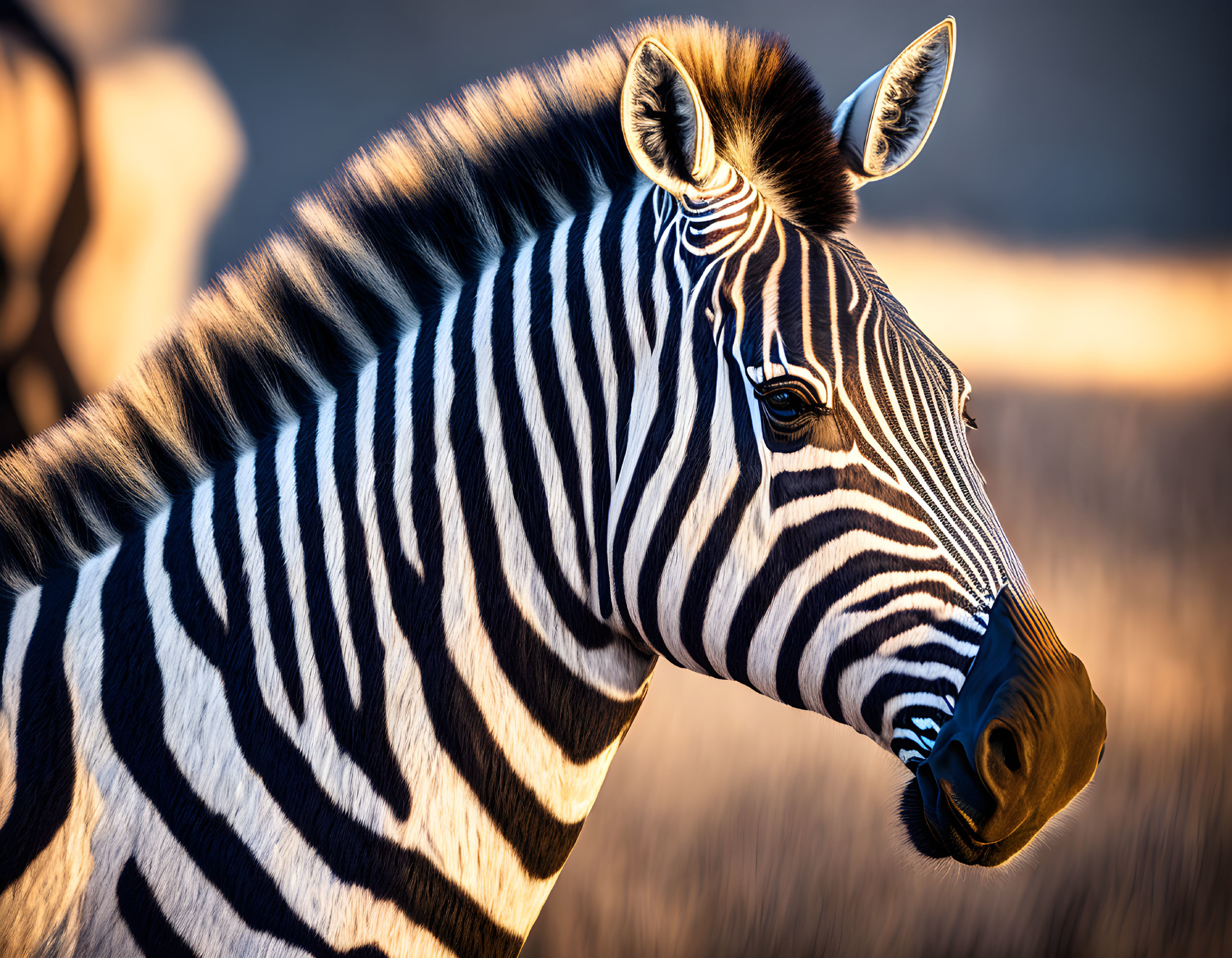 Zebra with black-and-white stripes in golden sunlight against blurred background