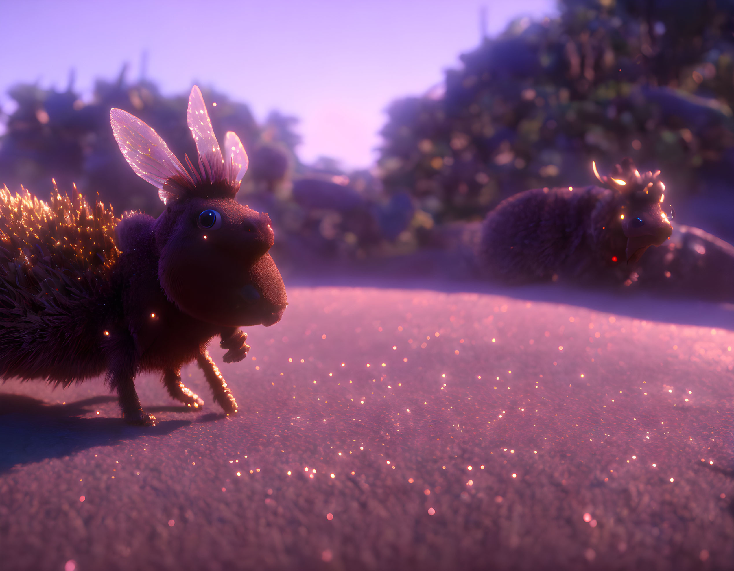 Whimsical creatures with bee-like wings and hedgehog bodies on a magical purple landscape