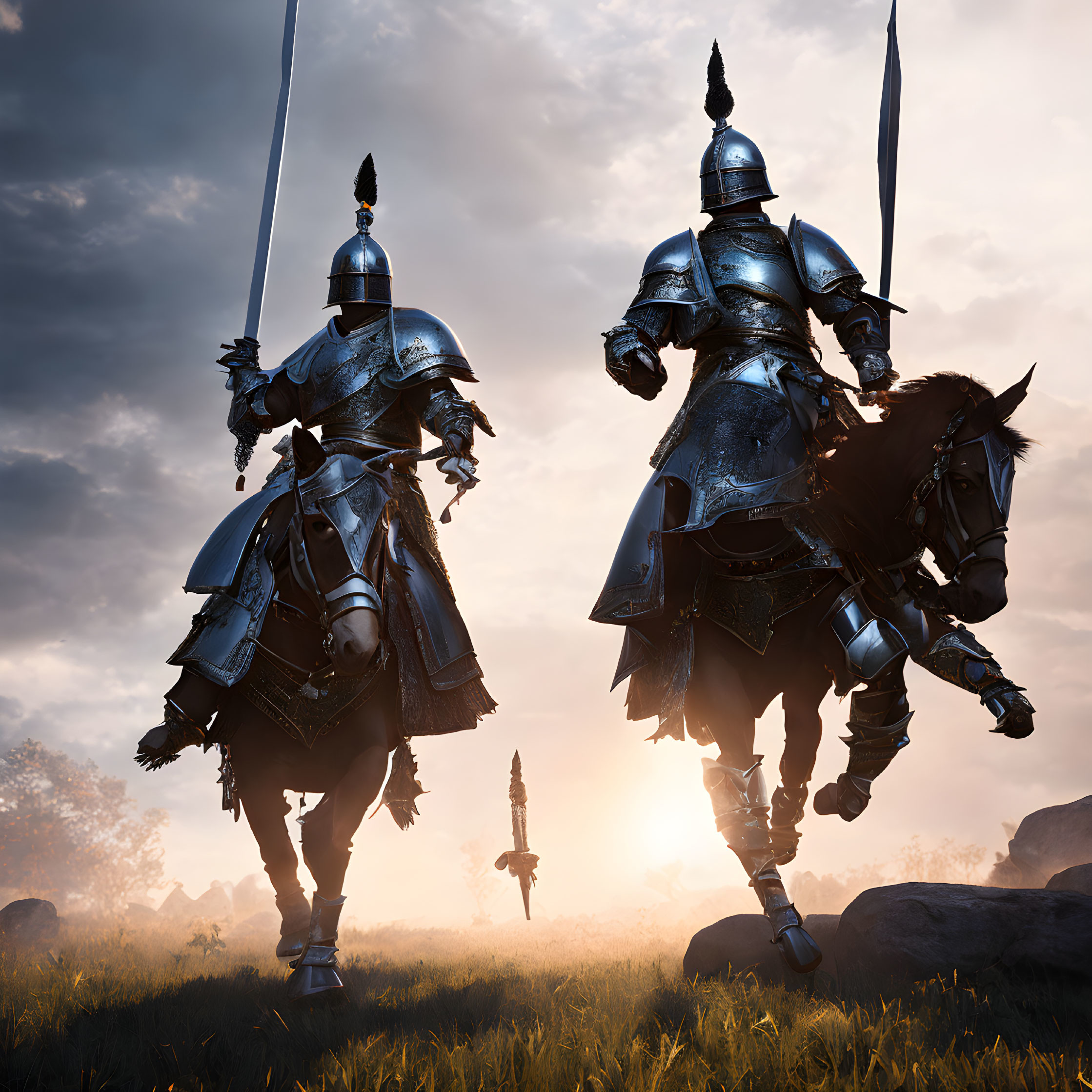 Two knights on horseback with lances in full armor at sunset on rocky terrain