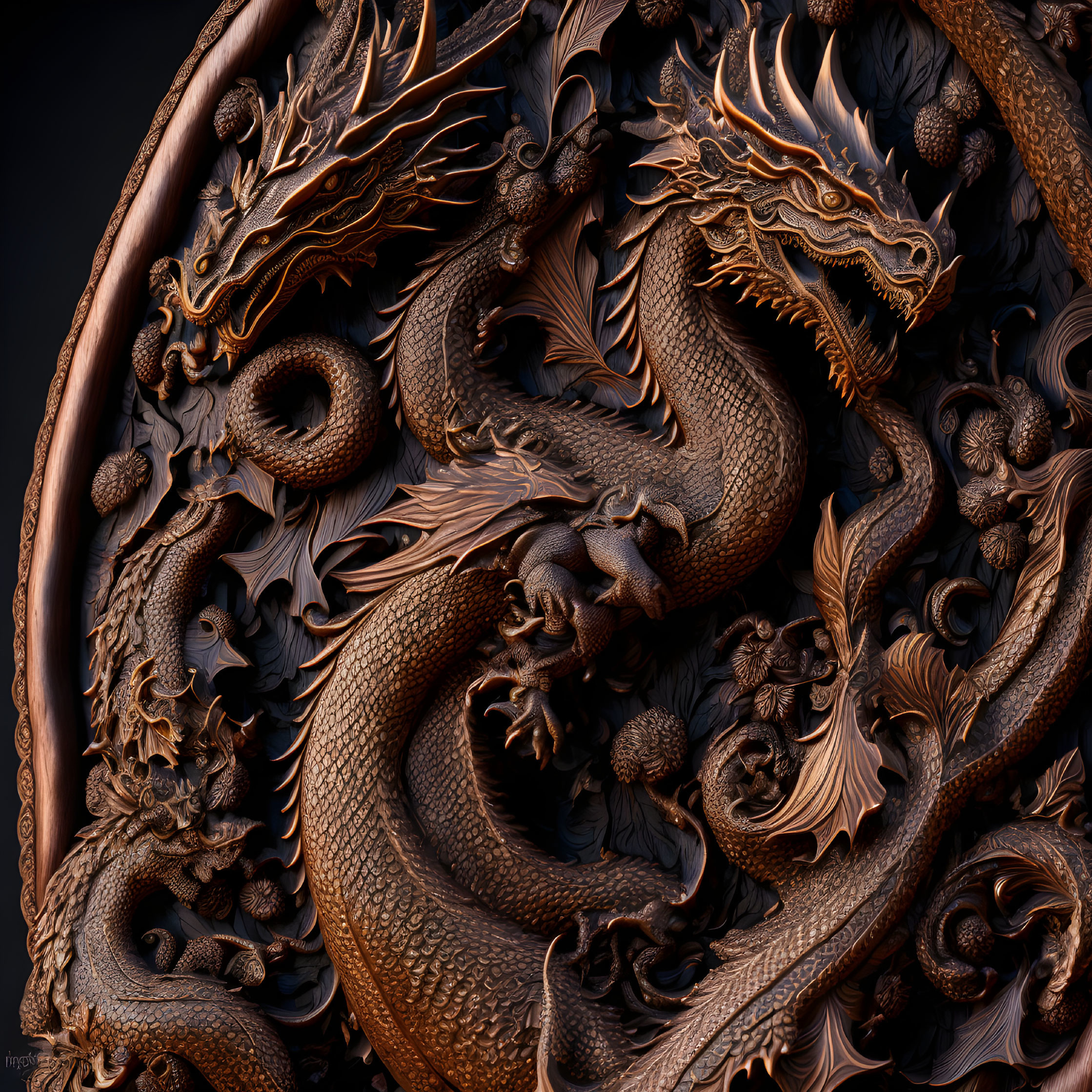 Detailed 3D Dragon Sculpture with Ornate Foliage on Dark Background