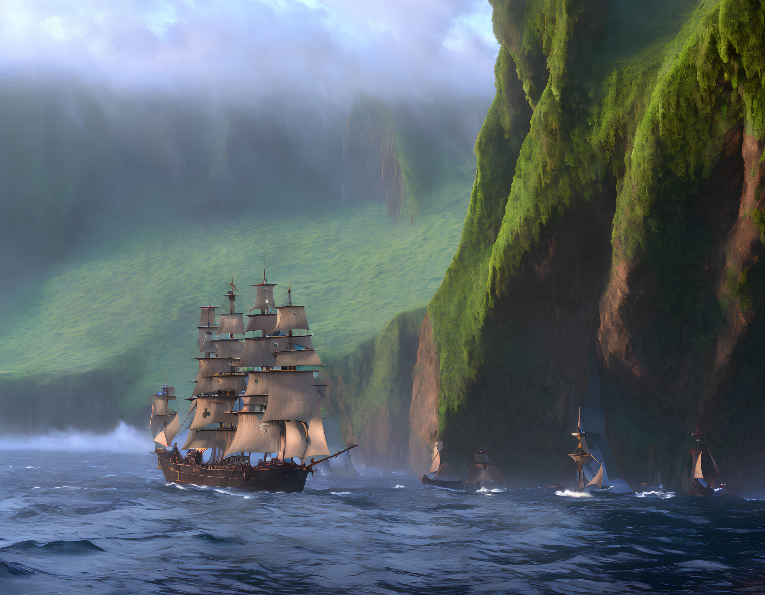 Majestic ship sailing near lush cliffs under hazy sky