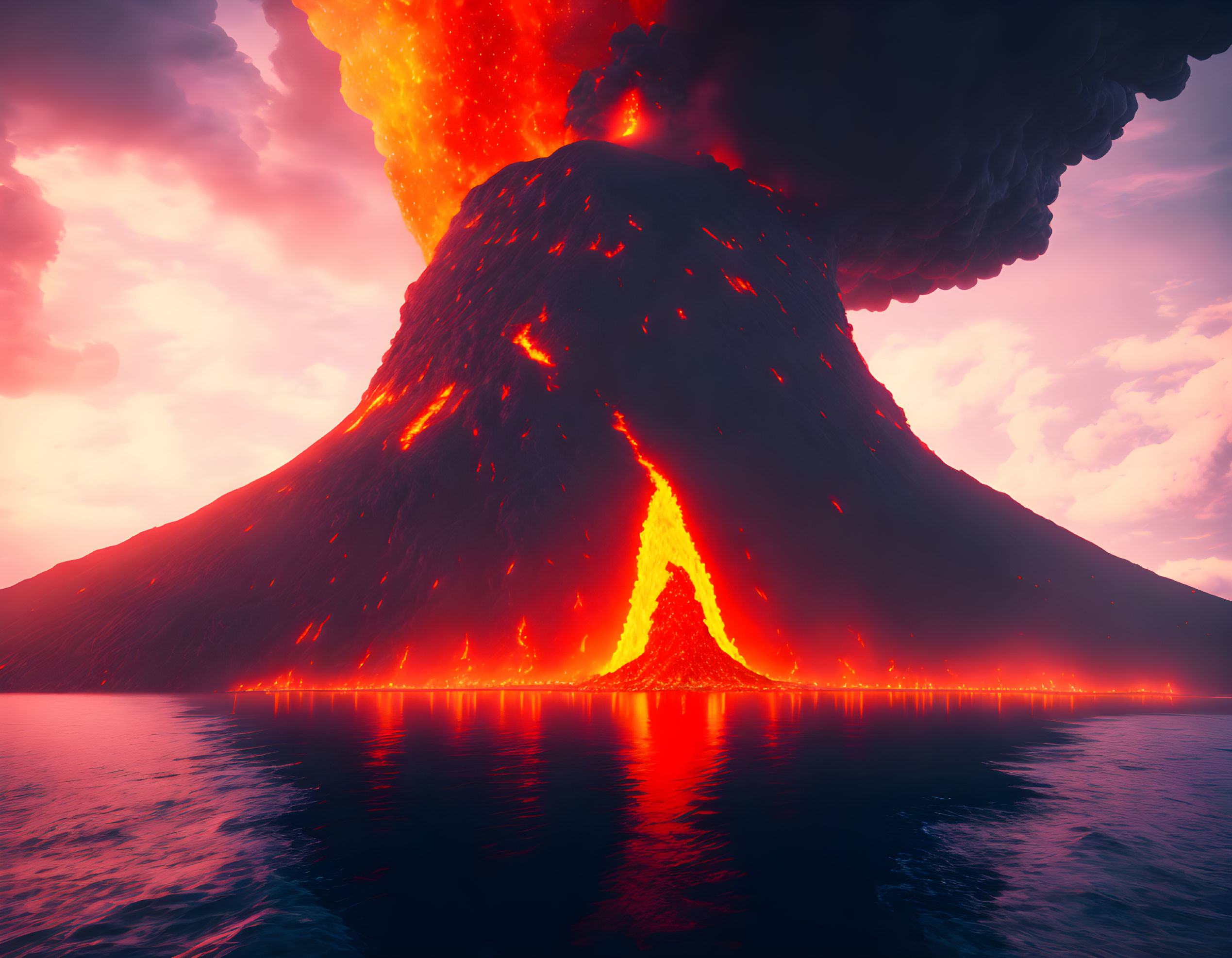 Erupting volcano spewing lava into the sea under fiery sky