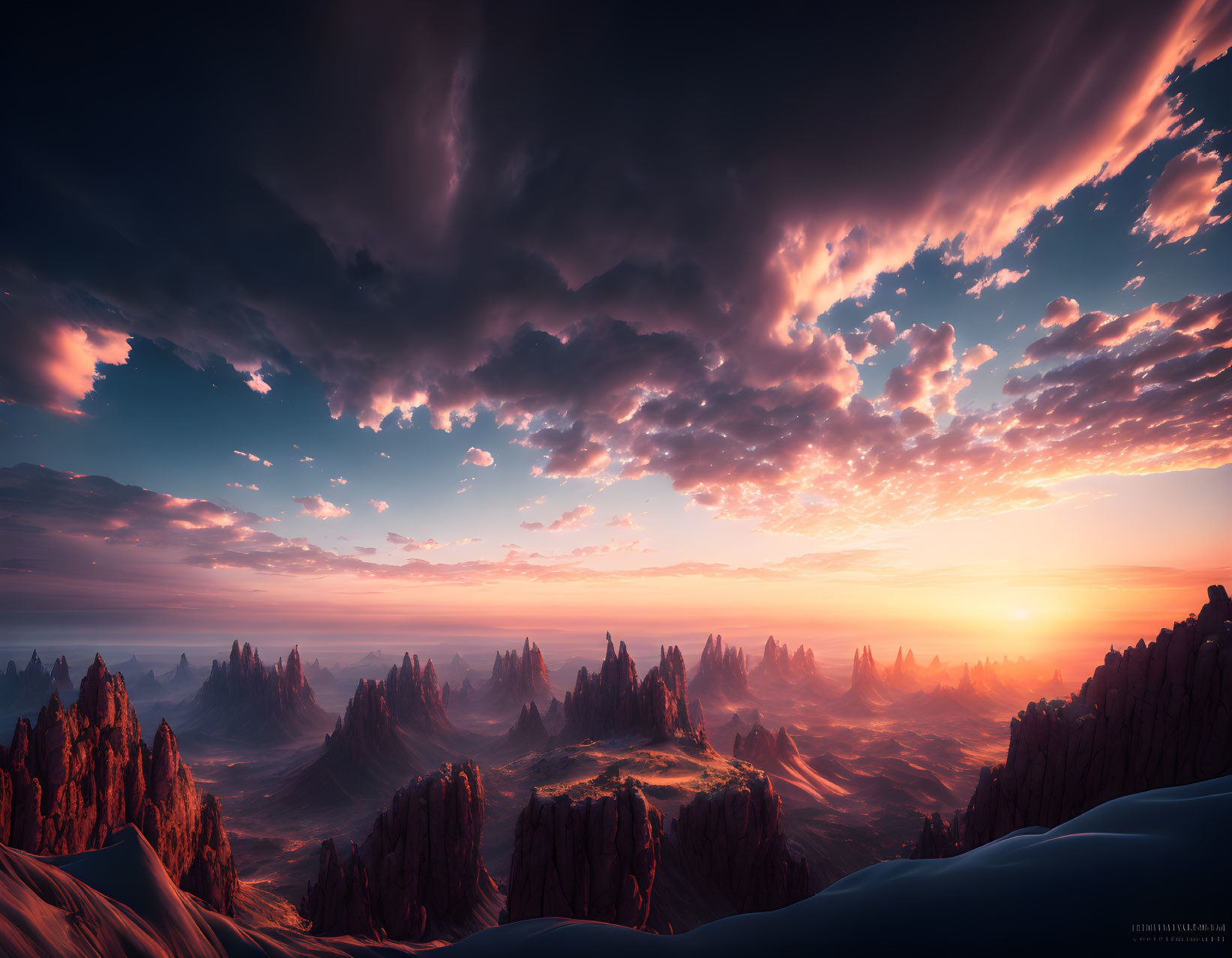 Dramatic landscape with vivid sunset and towering rock formations