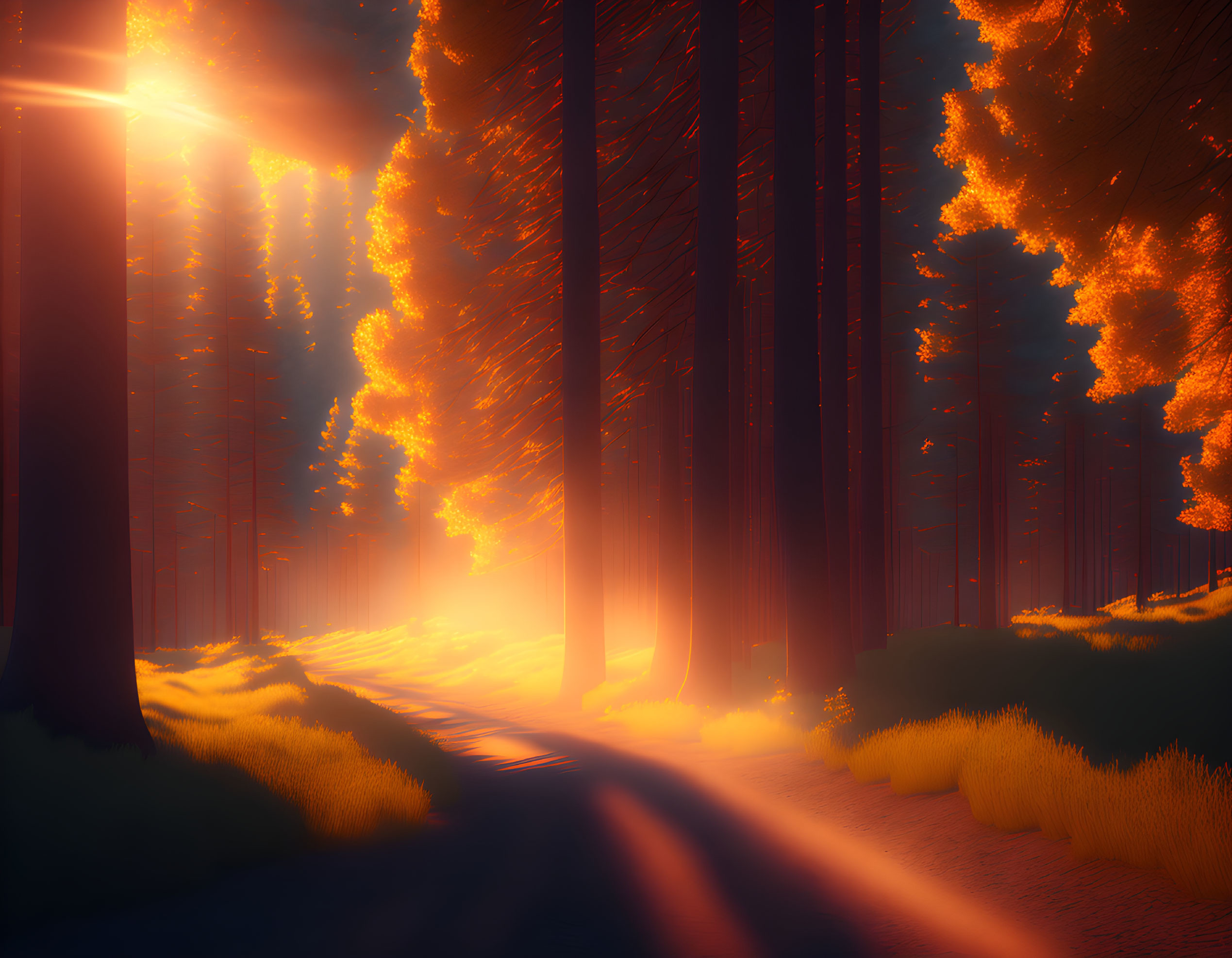 Digital artwork of forest path at sunset with sun rays, tall trees, shadows, fiery foliage.